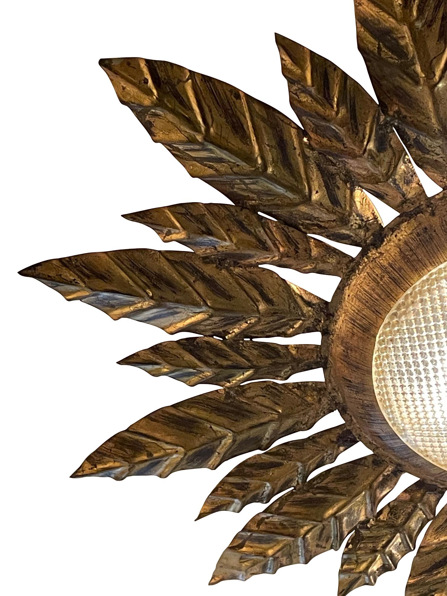 Gold Gilt Sunburst Ceiling Mount Chandelier, Spain, 1940s In Good Condition For Sale In New York, NY