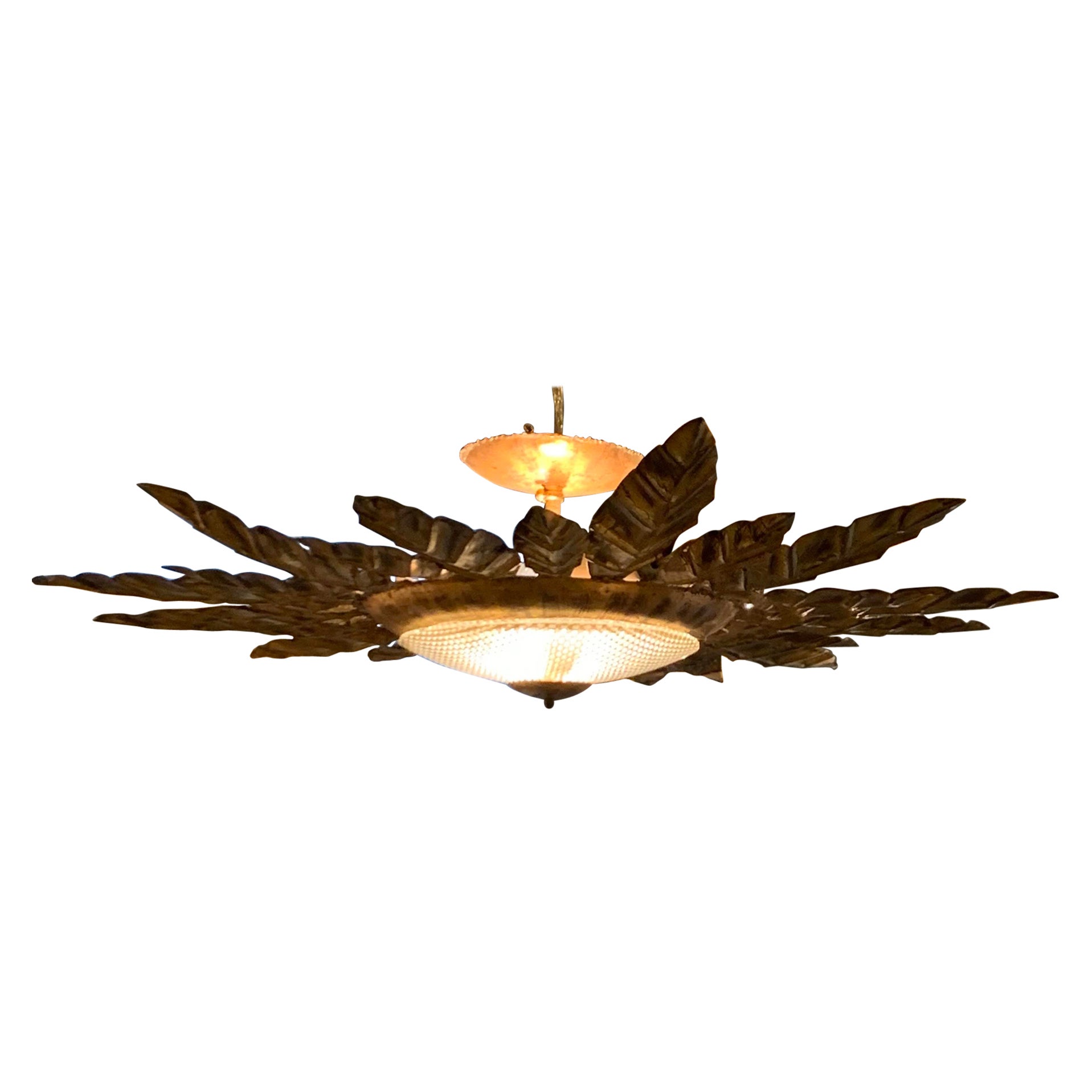 Gold Gilt Sunburst Ceiling Mount Chandelier, Spain, 1940s