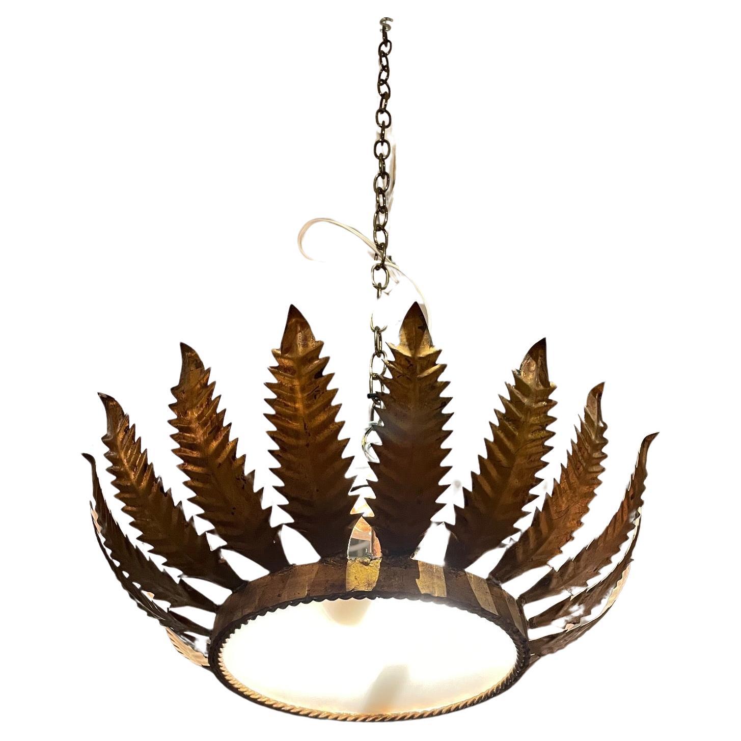 Gold Gilt Sunburst Ceiling Mount Chandelier, Spain, 1940s