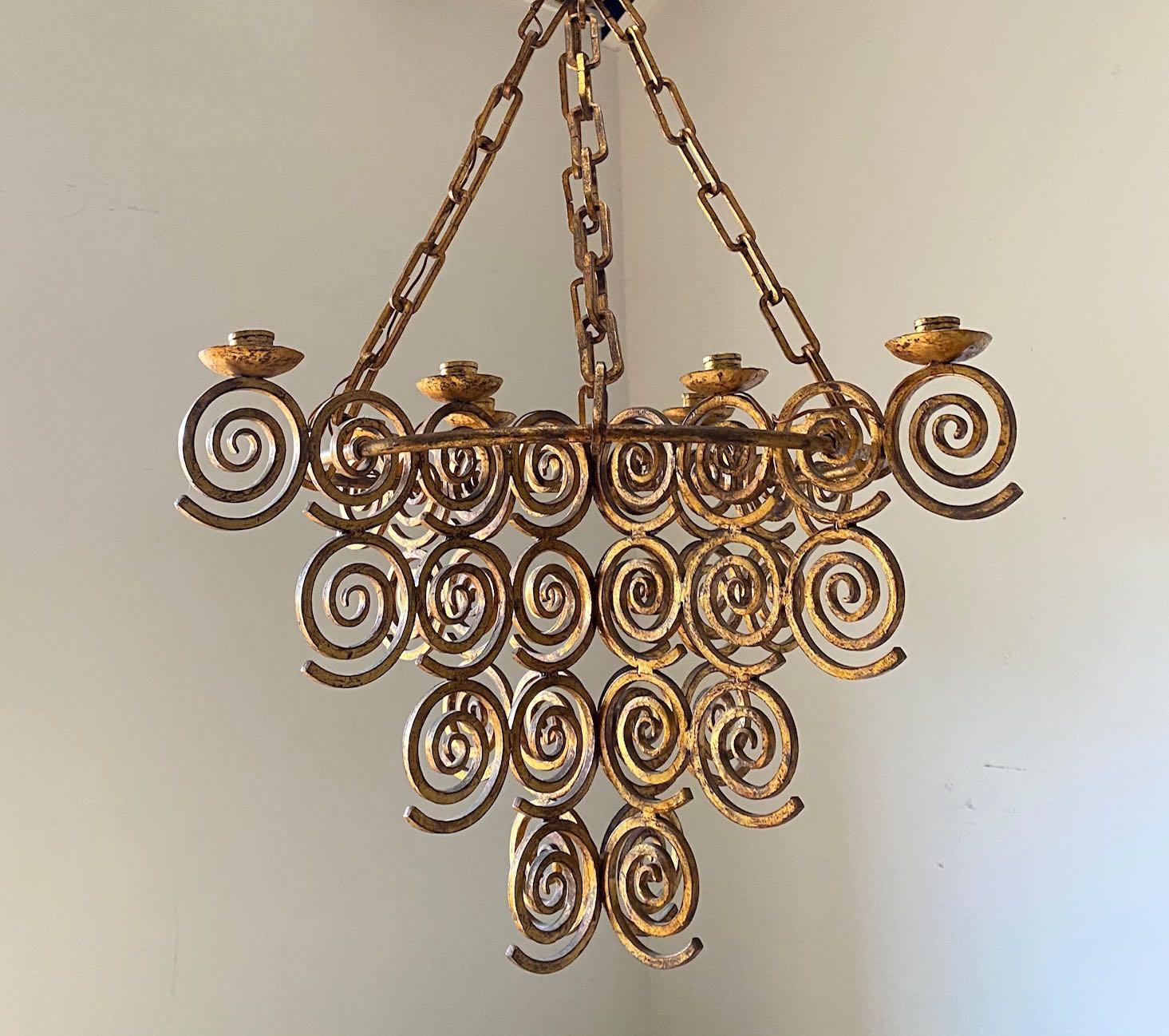 Gold Gilt Wrought Iron Eight-Arm Chandelier, Spain, 1950s In Good Condition In New York, NY