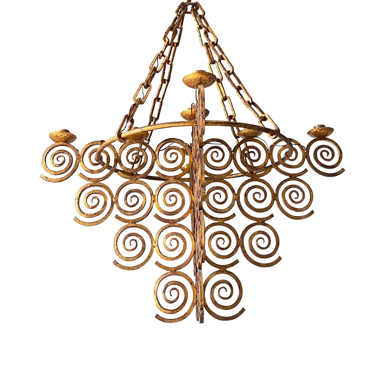 Gold Gilt Wrought Iron Eight-Arm Chandelier, Spain, 1950s In Good Condition In New York, NY