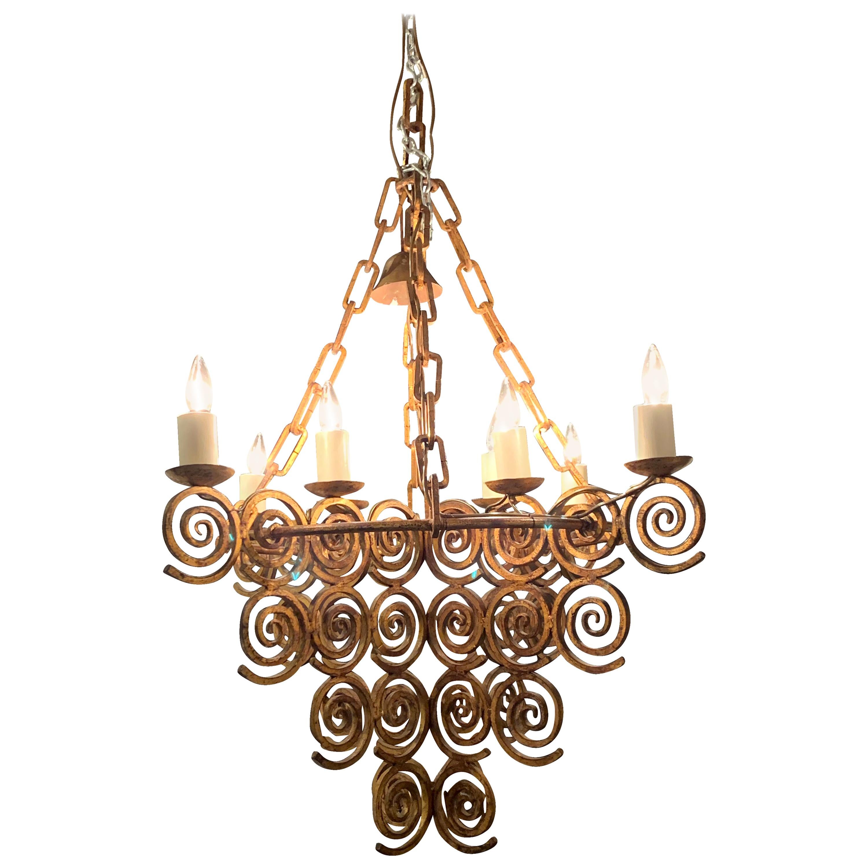 Gold Gilt Wrought Iron Eight-Arm Chandelier, Spain, 1950s