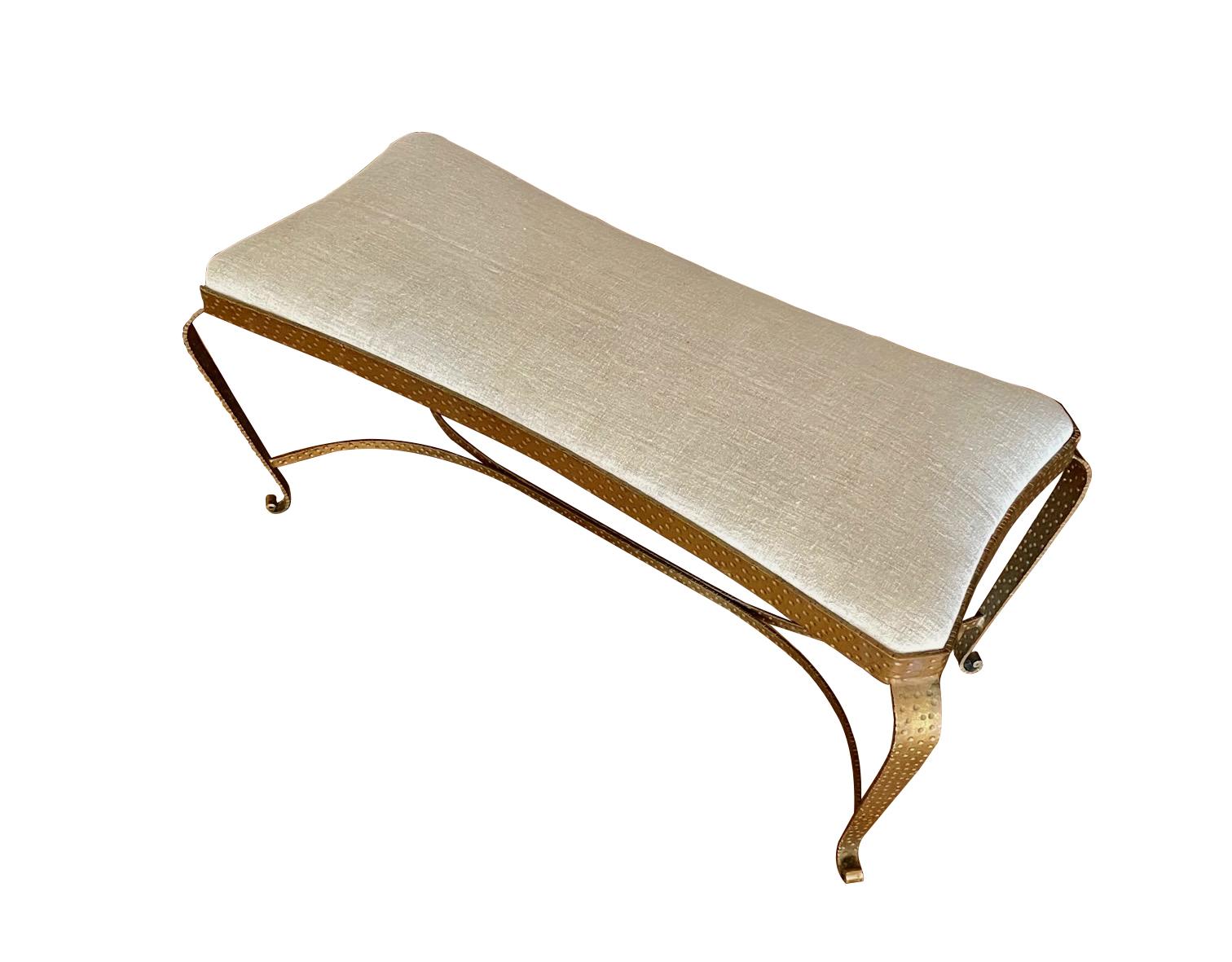 Midcentury Italian Luigi Colli bench.
Signature gilded gold iron with impressed dots.
Newly reupholstered in vintage hand spun Belgian linen.