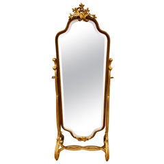 Gold Giltwood and Mahogany Cheval Floor Mirror