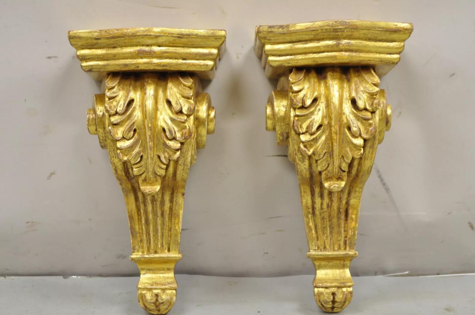 Gold Giltwood French Louis XV Style Wood Acanthus Corbel Small Wall Shelf - Pair For Sale 6