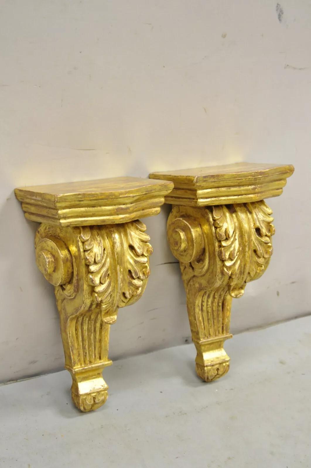 Gold Giltwood French Louis XV Style Wood Acanthus Corbel Small Wall Shelf - Pair. Circa Mid 20th Century. Measurements: 11.5