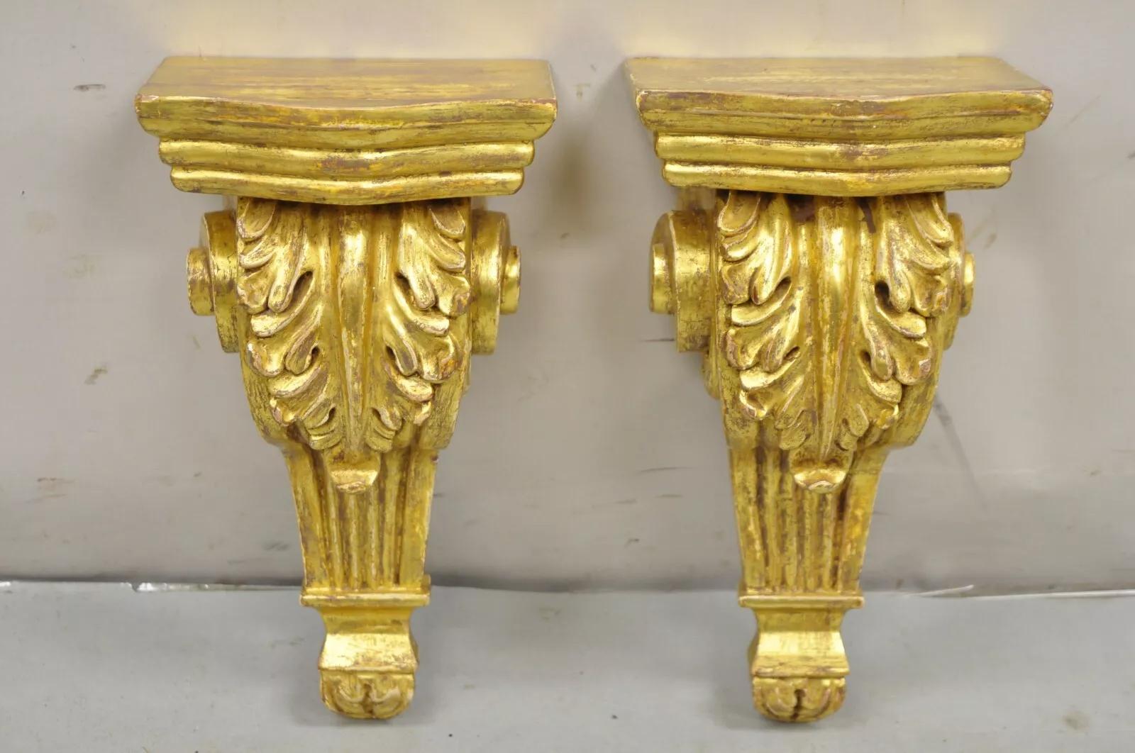 Unknown Gold Giltwood French Louis XV Style Wood Acanthus Corbel Small Wall Shelf - Pair For Sale