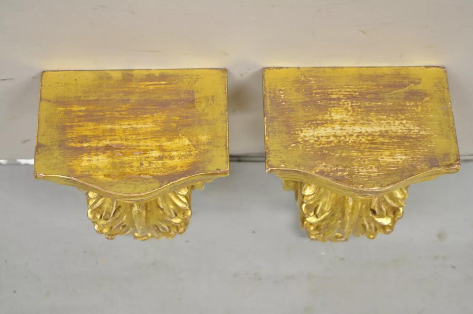 20th Century Gold Giltwood French Louis XV Style Wood Acanthus Corbel Small Wall Shelf - Pair For Sale