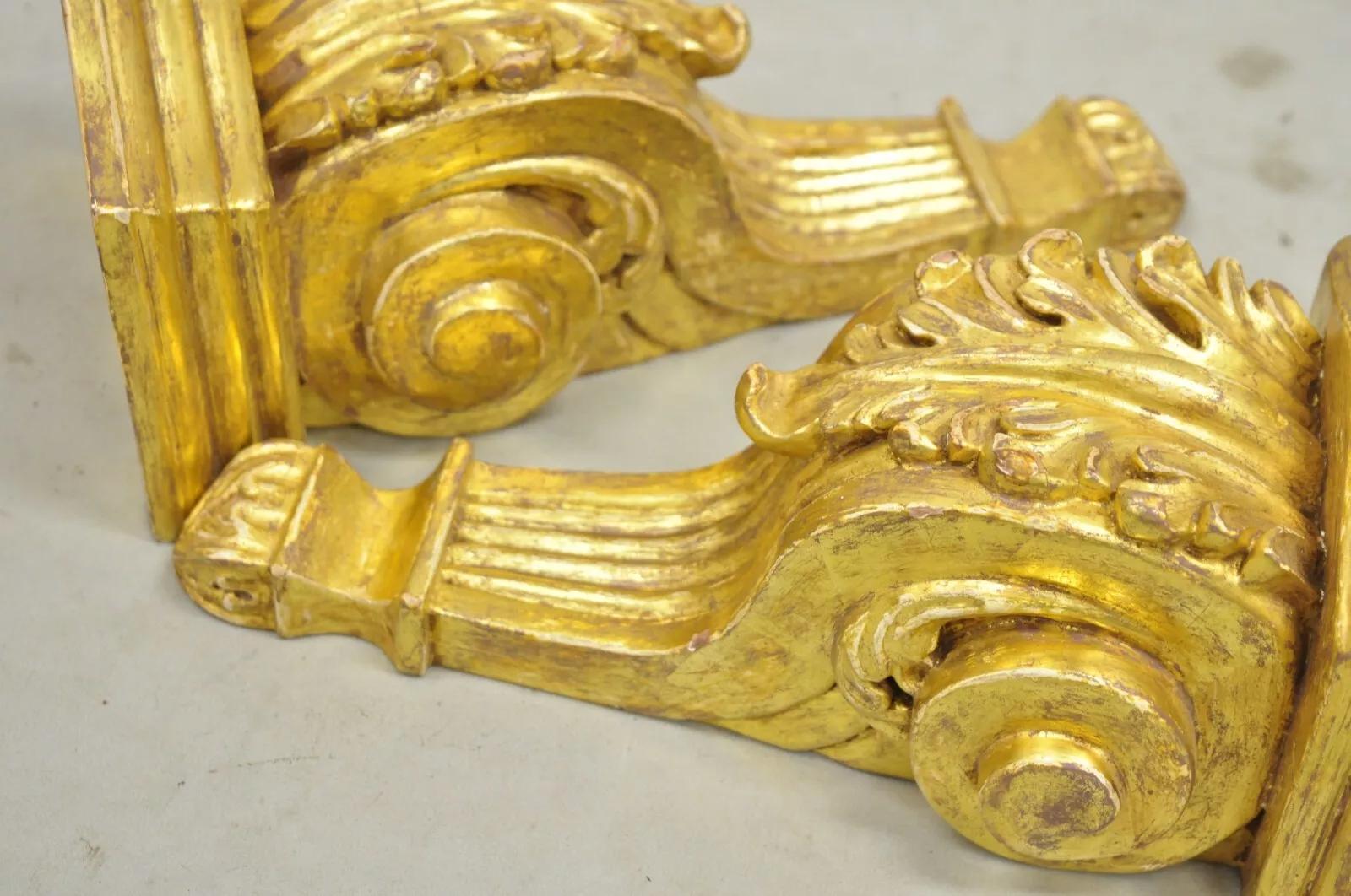 Gold Giltwood French Louis XV Style Wood Acanthus Corbel Small Wall Shelf - Pair For Sale 1