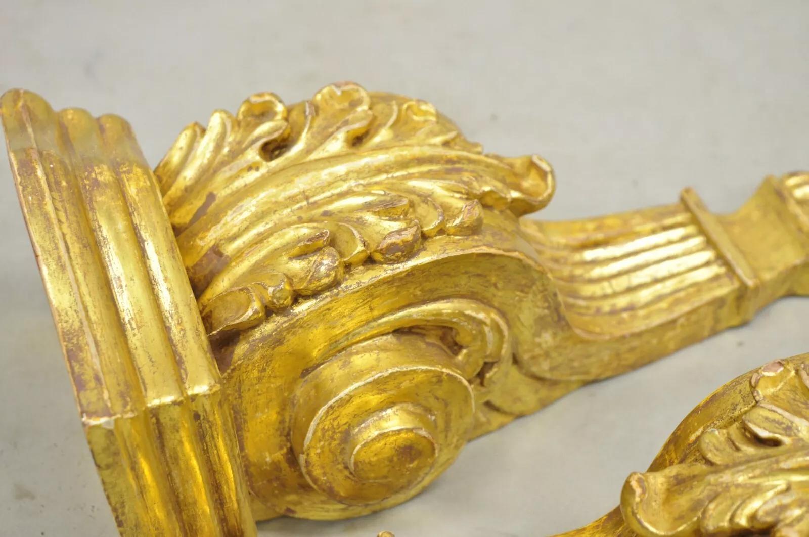 Gold Giltwood French Louis XV Style Wood Acanthus Corbel Small Wall Shelf - Pair For Sale 2