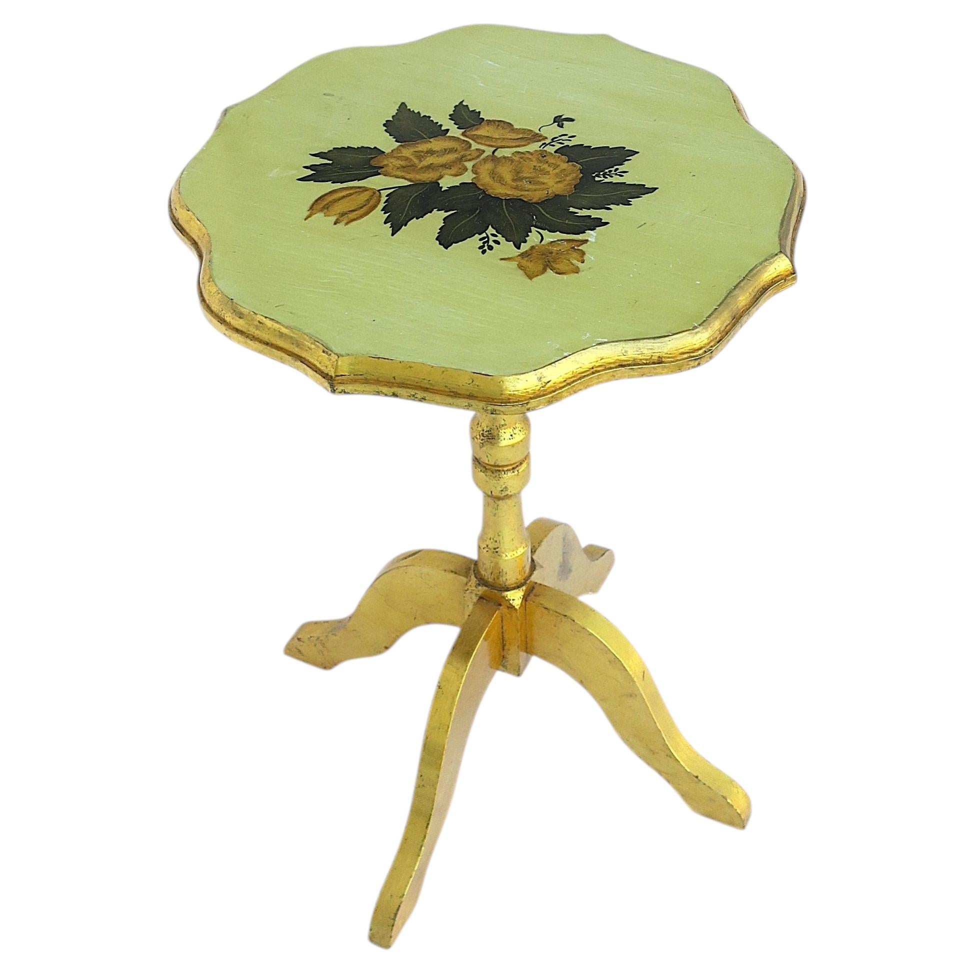 Gold Giltwood Scalloped Side Accent Table with Floral Top, Late 20th Century