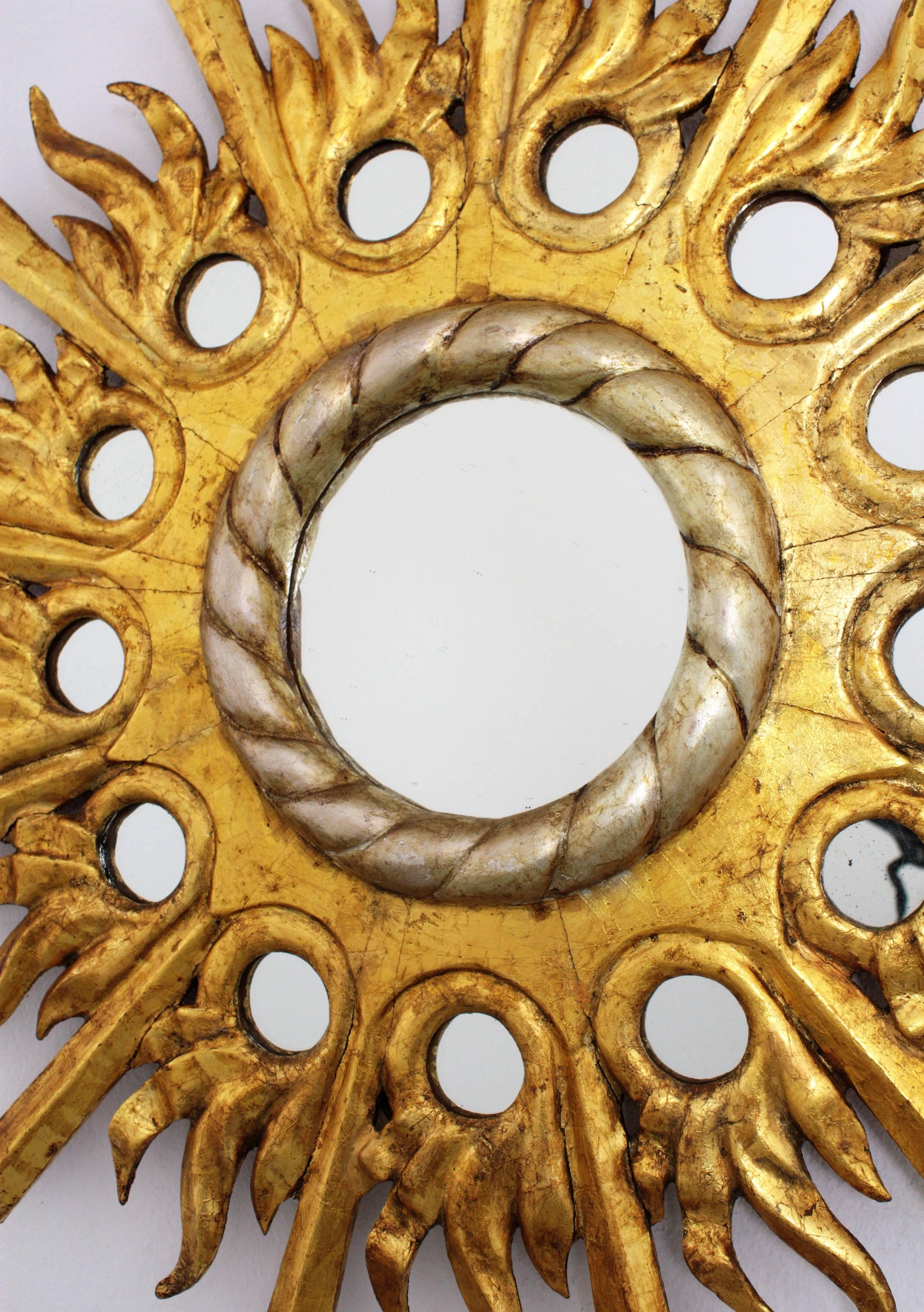 Baroque Gilt Silvered Sunburst Mirror, Carved Wood and Round Mirror Inlays For Sale