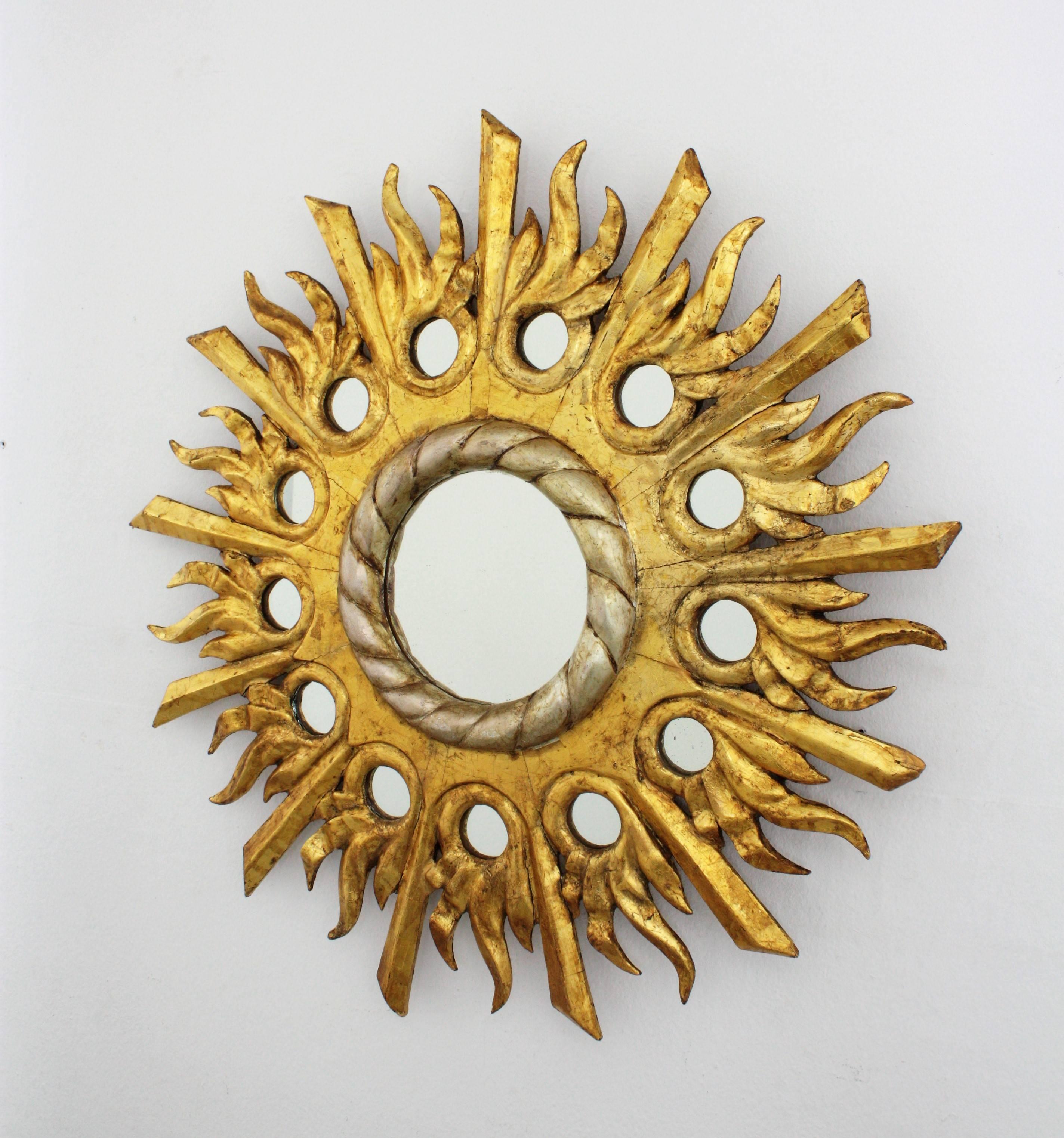 Gilt Silvered Sunburst Mirror, Carved Wood and Round Mirror Inlays For Sale 1