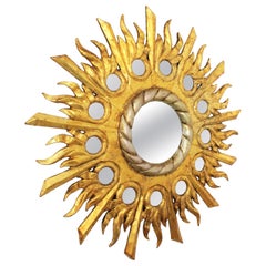 Gold Giltwood Sunburst Mirror with Silver Leaf Accents and Mirrored Circles
