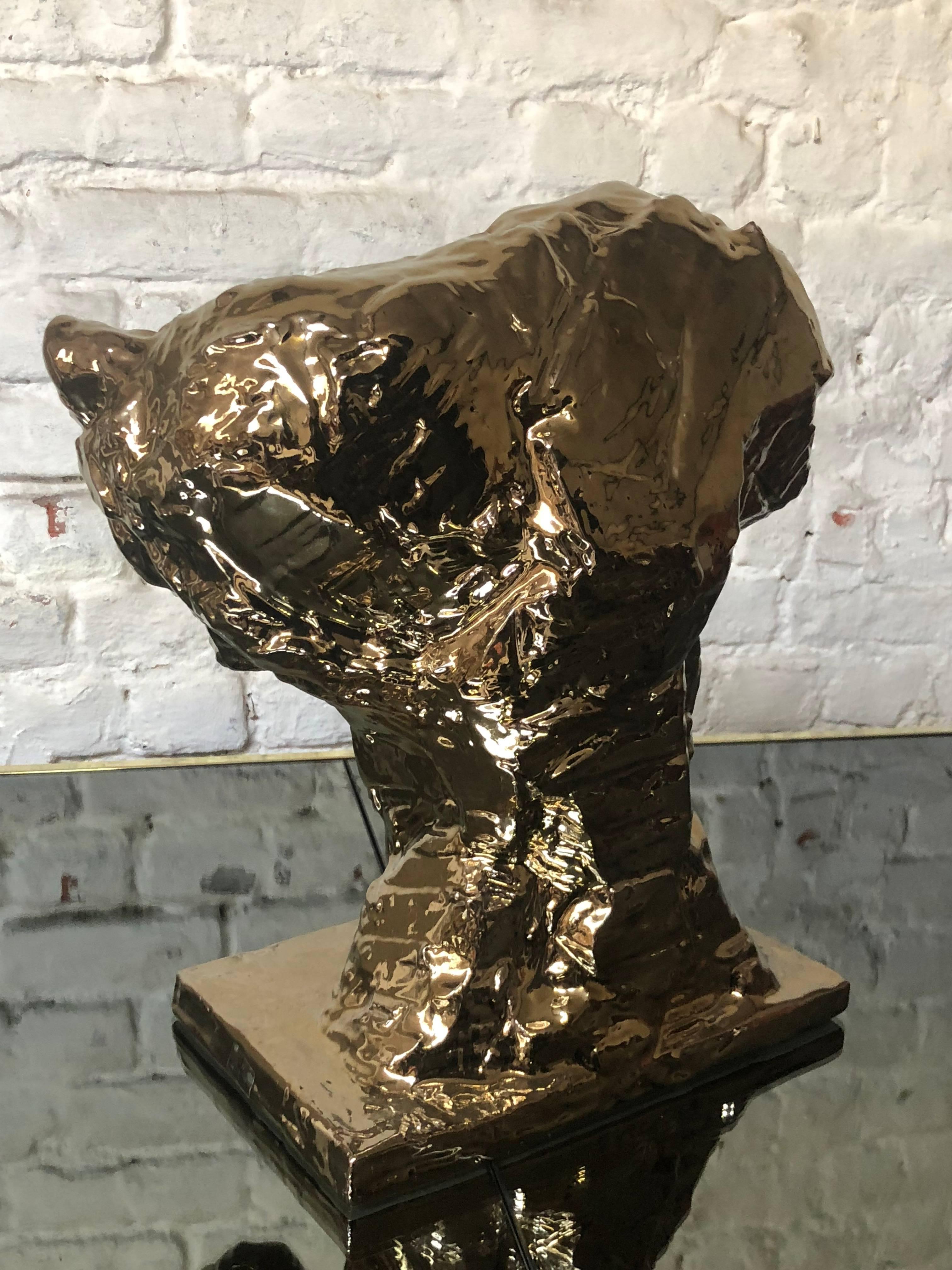 Belgian Gold Glazed Patrick Villas for Royal Boch Ceramic Lioness Sculpture For Sale