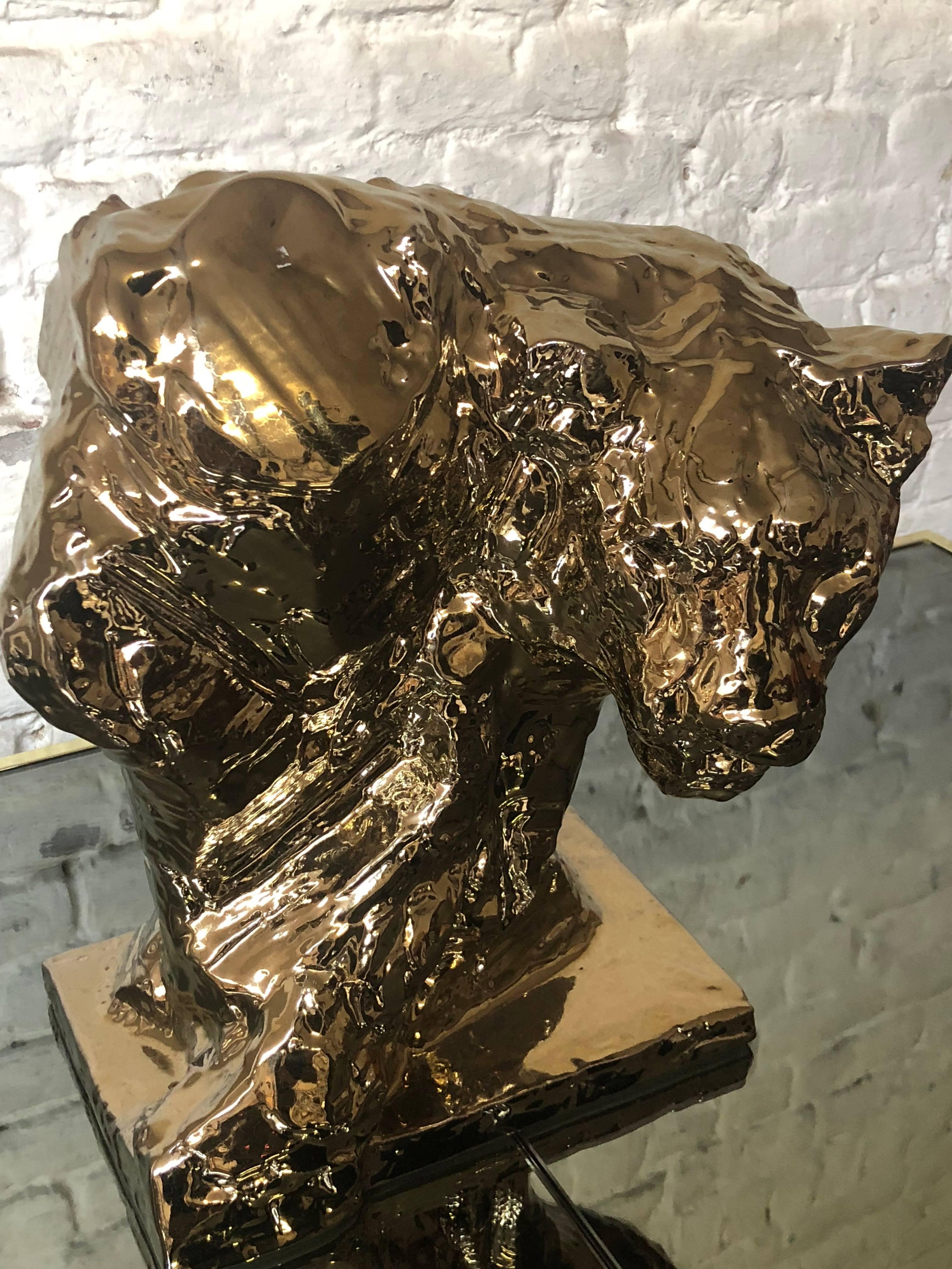 Contemporary Gold Glazed Patrick Villas for Royal Boch Ceramic Lioness Sculpture For Sale