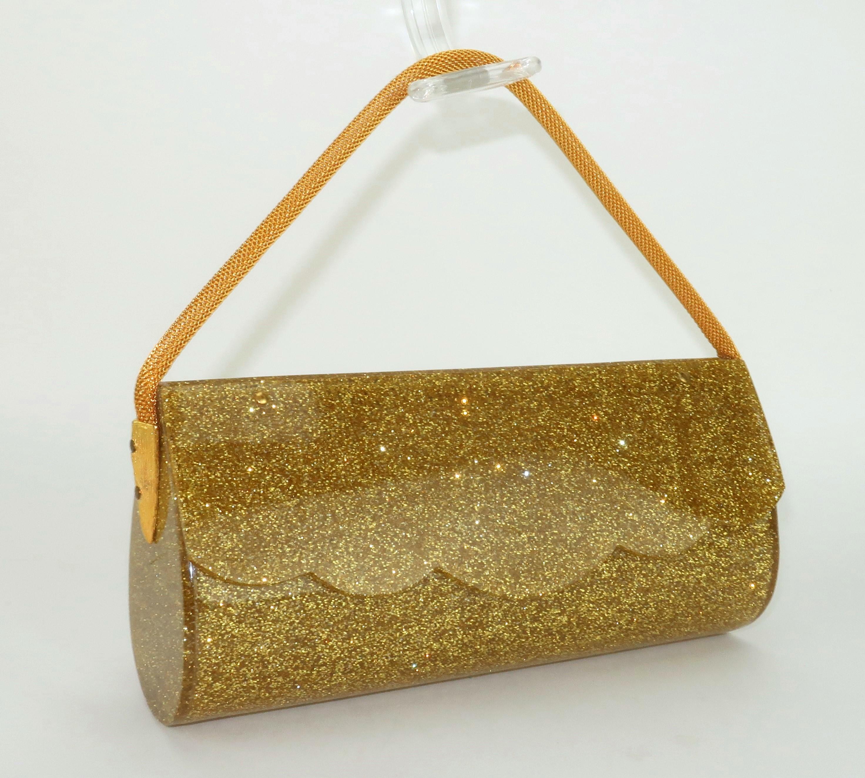 Brown Gold Glitter Lucite Evening Handbag, 1950’s