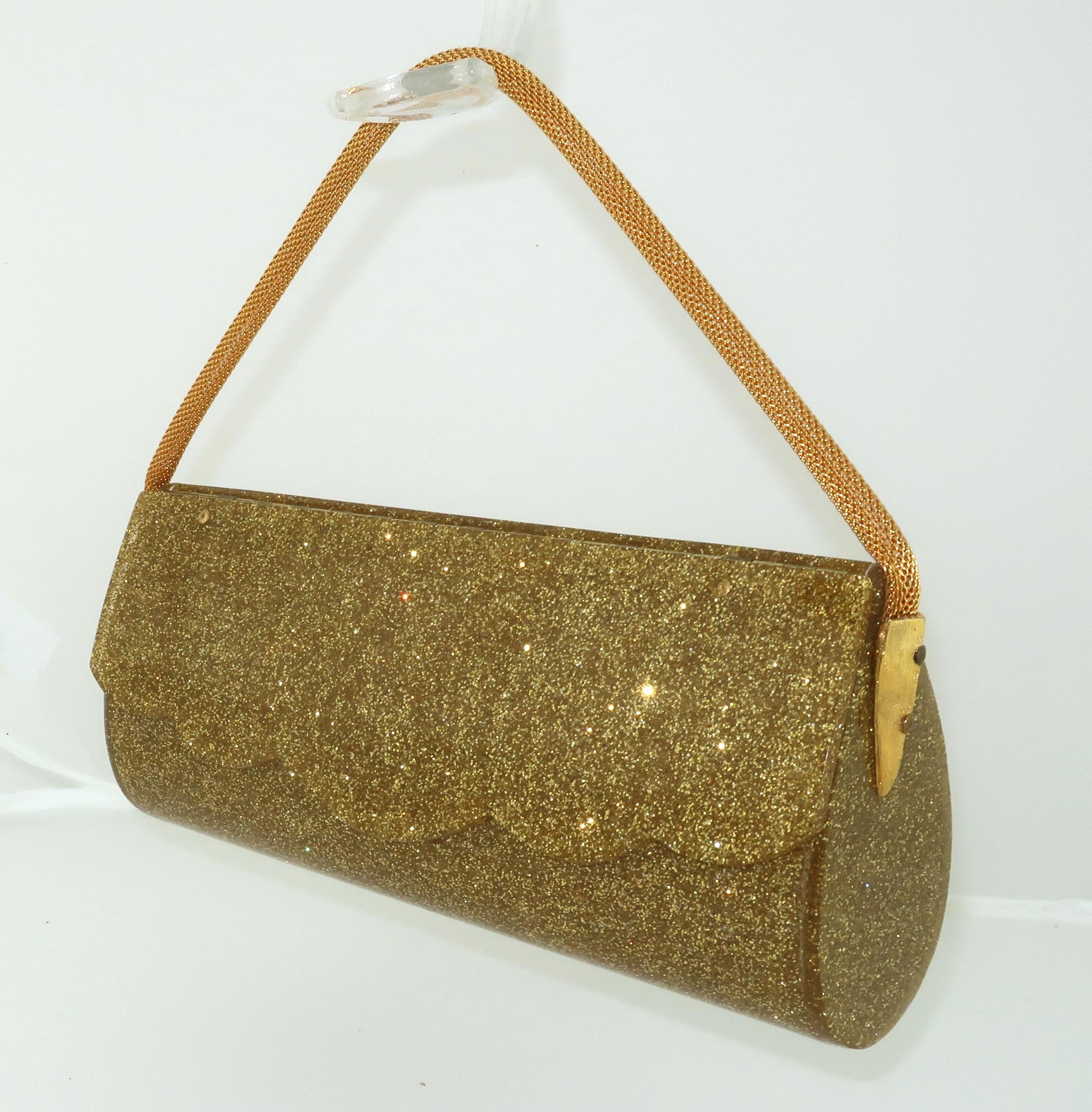 Gold Glitter Lucite Evening Handbag, 1950’s In Good Condition In Atlanta, GA