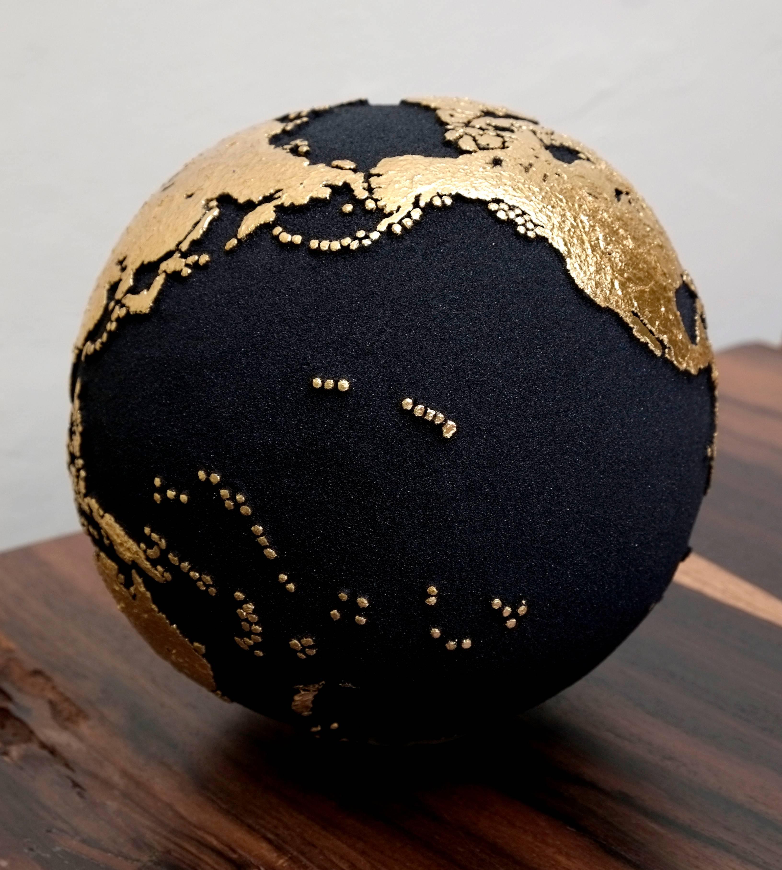 Contemporary Gold Globe Made of Teak Root with Volcanic Sand and Gold Finishing, 20 cm