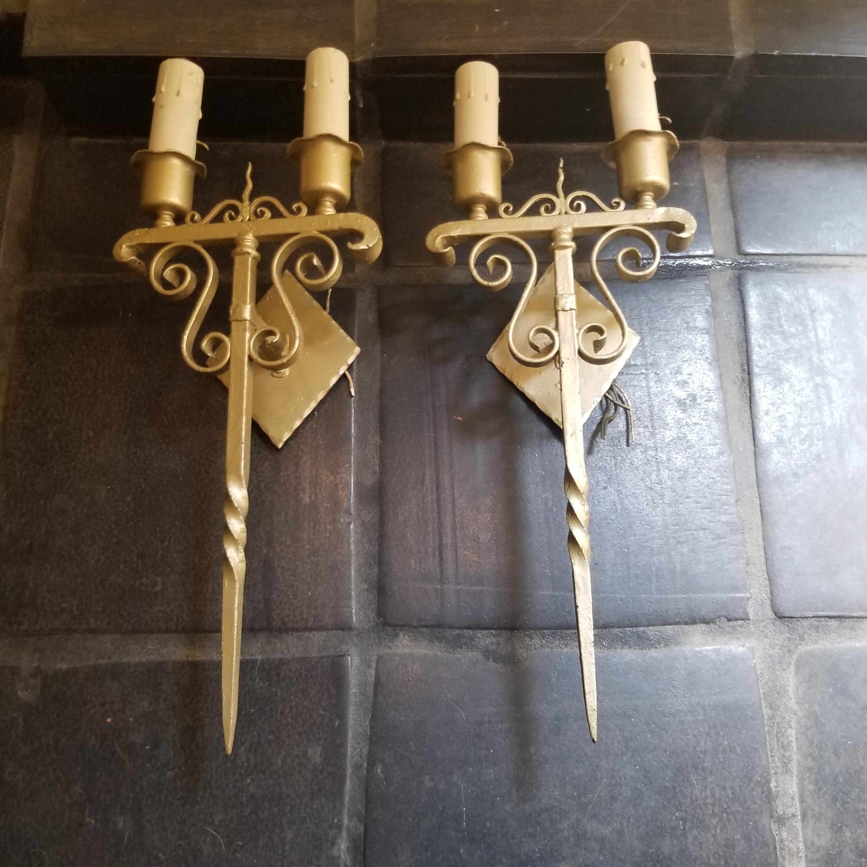 Gothic Wrought Iron Scroll Electric Gold Candelabra Candle Wall Sconces 1960s 7