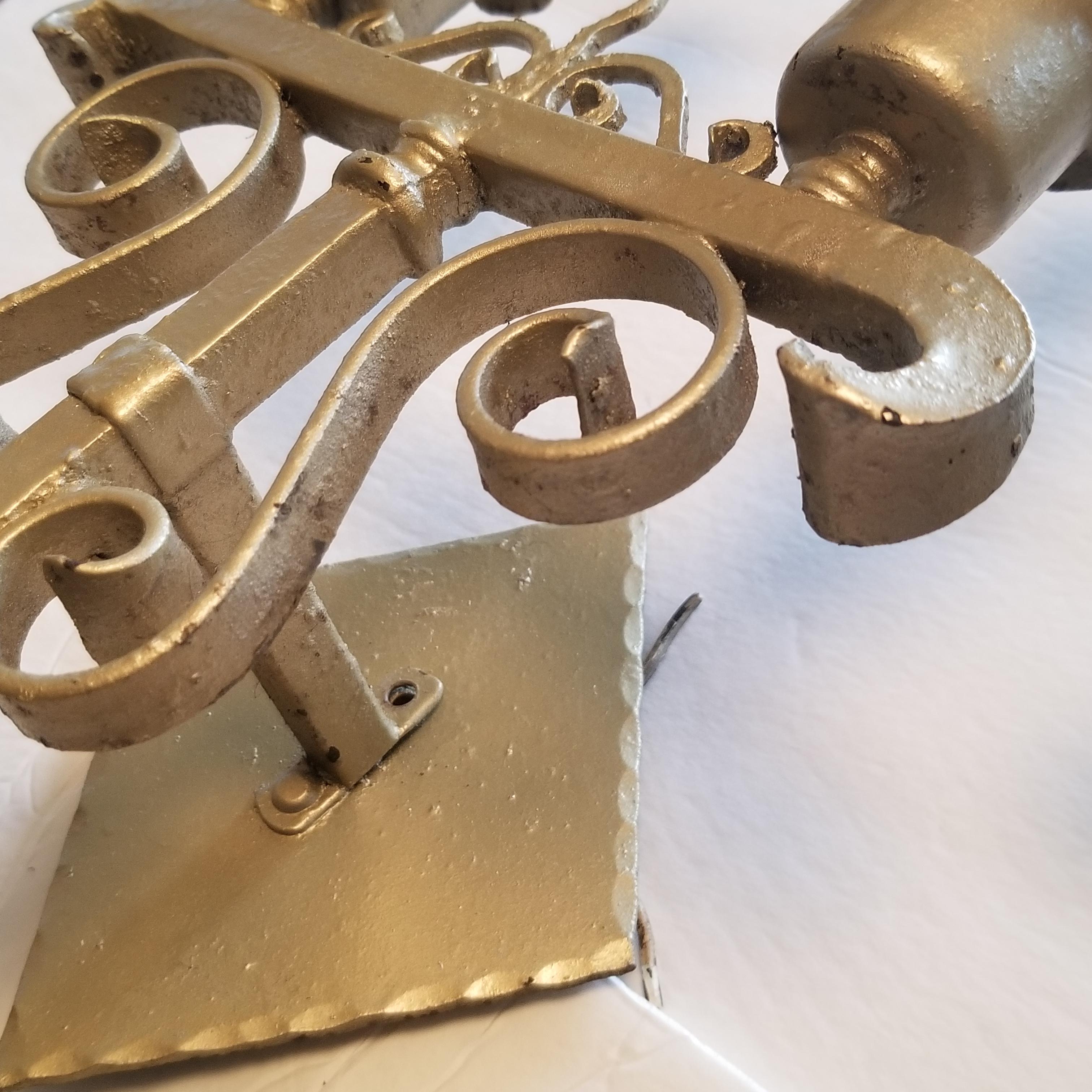 Gothic Wrought Iron Scroll Electric Gold Candelabra Candle Wall Sconces 1960s In Good Condition In Chula Vista, CA