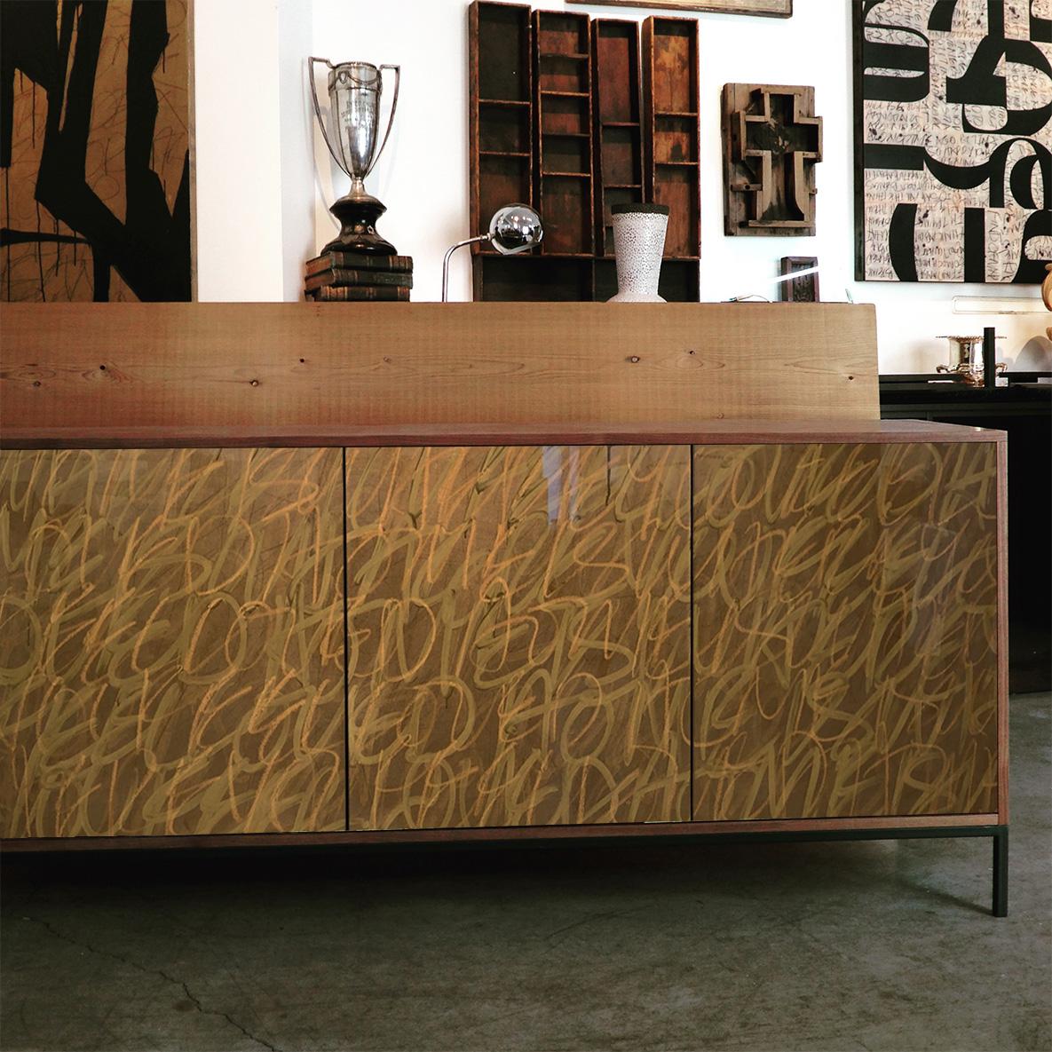 Contemporary Gold Graffiti Credenza by Morgan Clayhall, mix media artwork on doors, custom For Sale