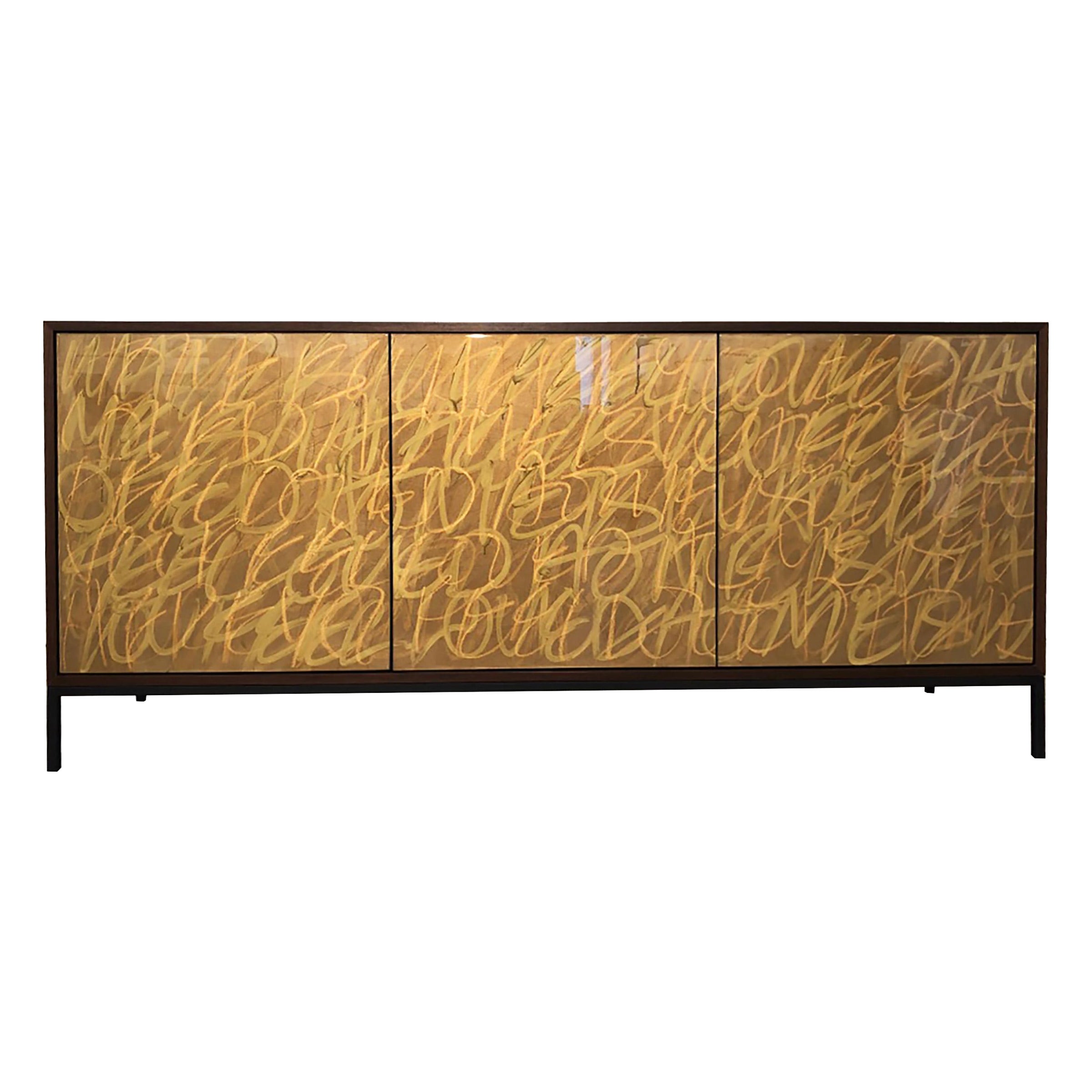 Gold Graffiti Credenza by Morgan Clayhall, Mixed Media Artwork on Doors, Custom For Sale