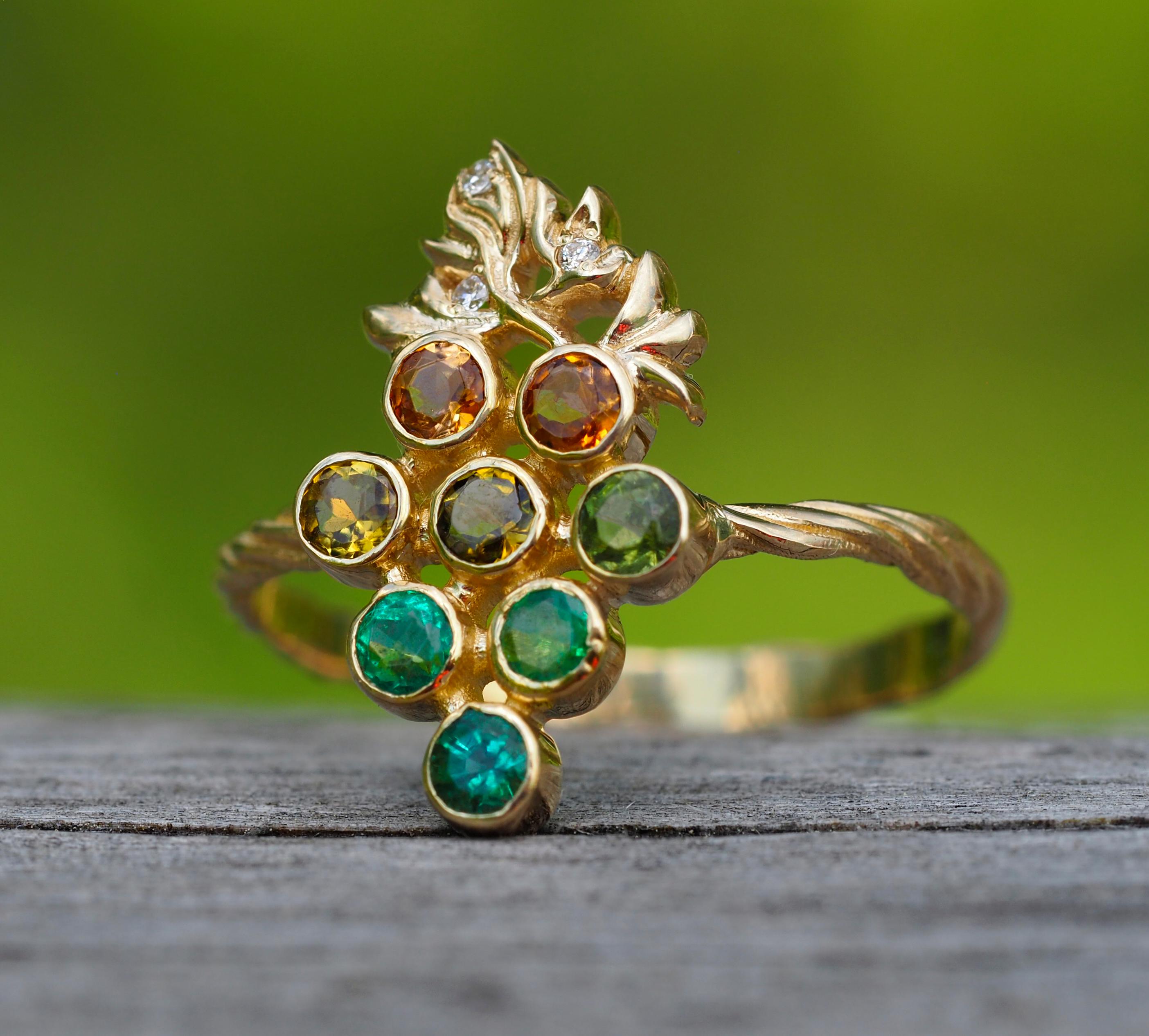 Gold grape ring with tourmalines. 
Multicolor tourmaline 14k gold ring. Autumn ring. Vine Leaves Ring. Gold fertility ring. Summer vine ring.

Weight: 1.95 g. depends from size
Gold - 14k gold.

Tourmalines: 6 pieces, 0.38 ct total
Cut: Round
Color