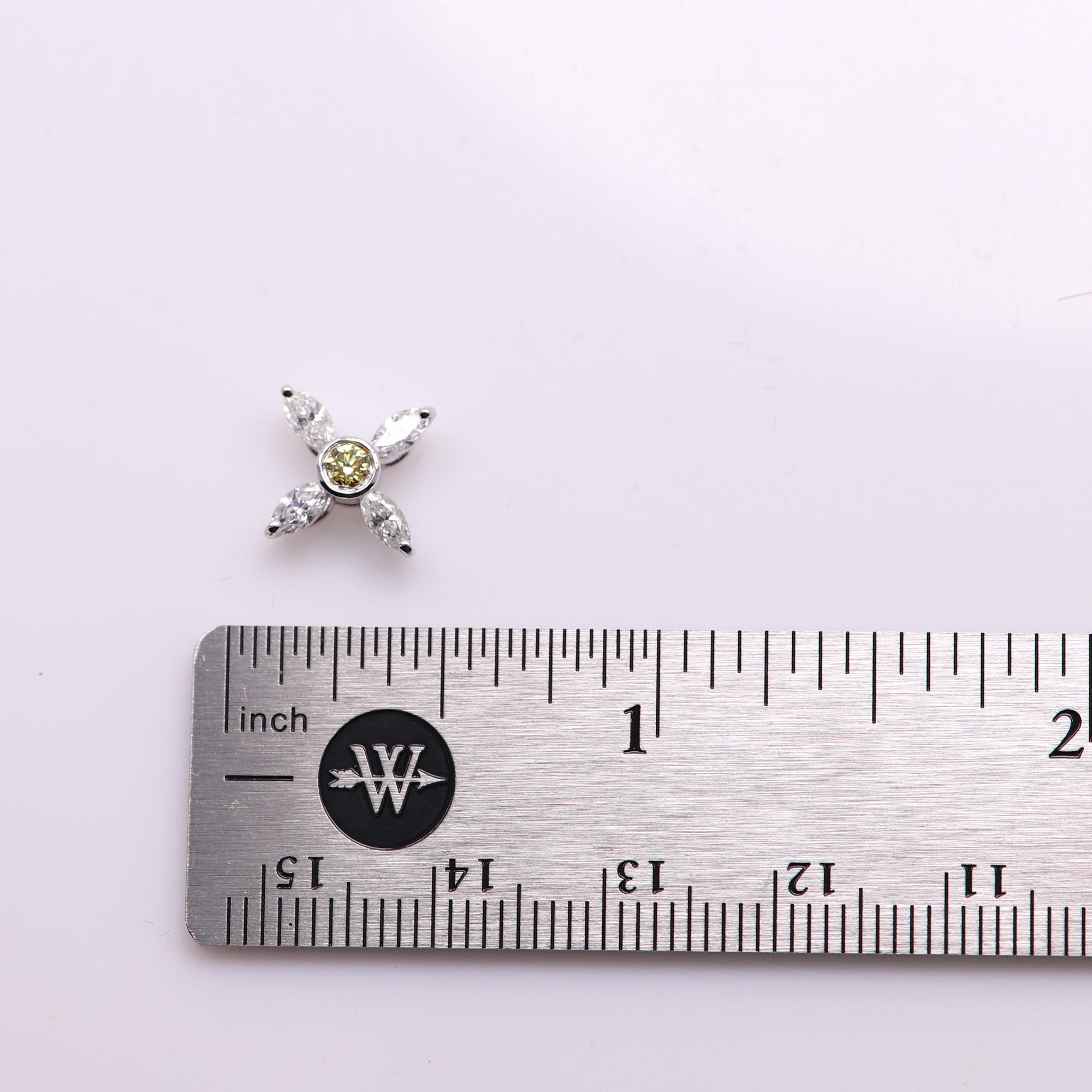 Trendy Brilliant Greek Cross (choker/pendant)
14k White Gold - Great for Choker or regular pendant
Natural Marquise Diamond sizes: 4.5 x 4.2mm
Total diamond weight 0.40 carat White G-D -VS
Center Round Natural Intense Yellow Diamond 2.8 mm
pendant