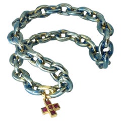 Gold Greek Cross Cuff Ruby Blue Enamel Bangle Bracelet Sculptural Victorian