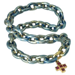 Gold Greek Cross Cuff Ruby Blue Enamel Bangle Bracelet Sculptural Victorian