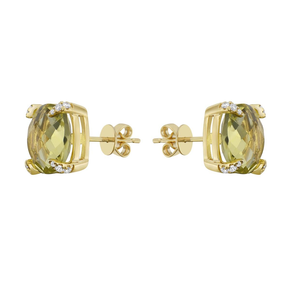 With these exquisite semi-precious yellow-gold gold-green quartz diamond earrings, style and glamour are in the spotlight. These 14-karat cushion cut earrings are made from 2.8 grams of gold, 2 gold green quartz's totaling 6.92 karats, and is