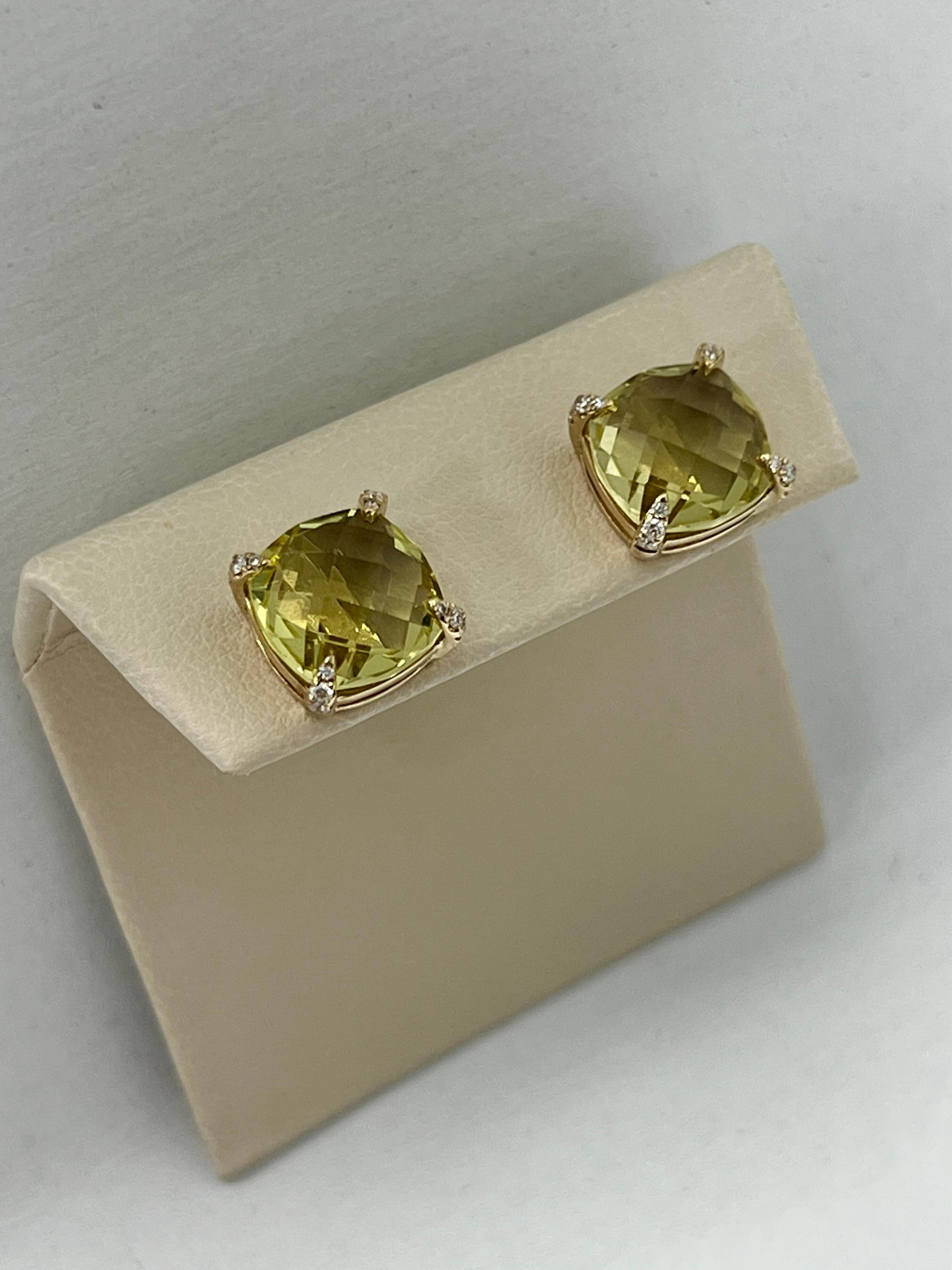 Modern Gold Green Quartz Diamond Studs For Sale