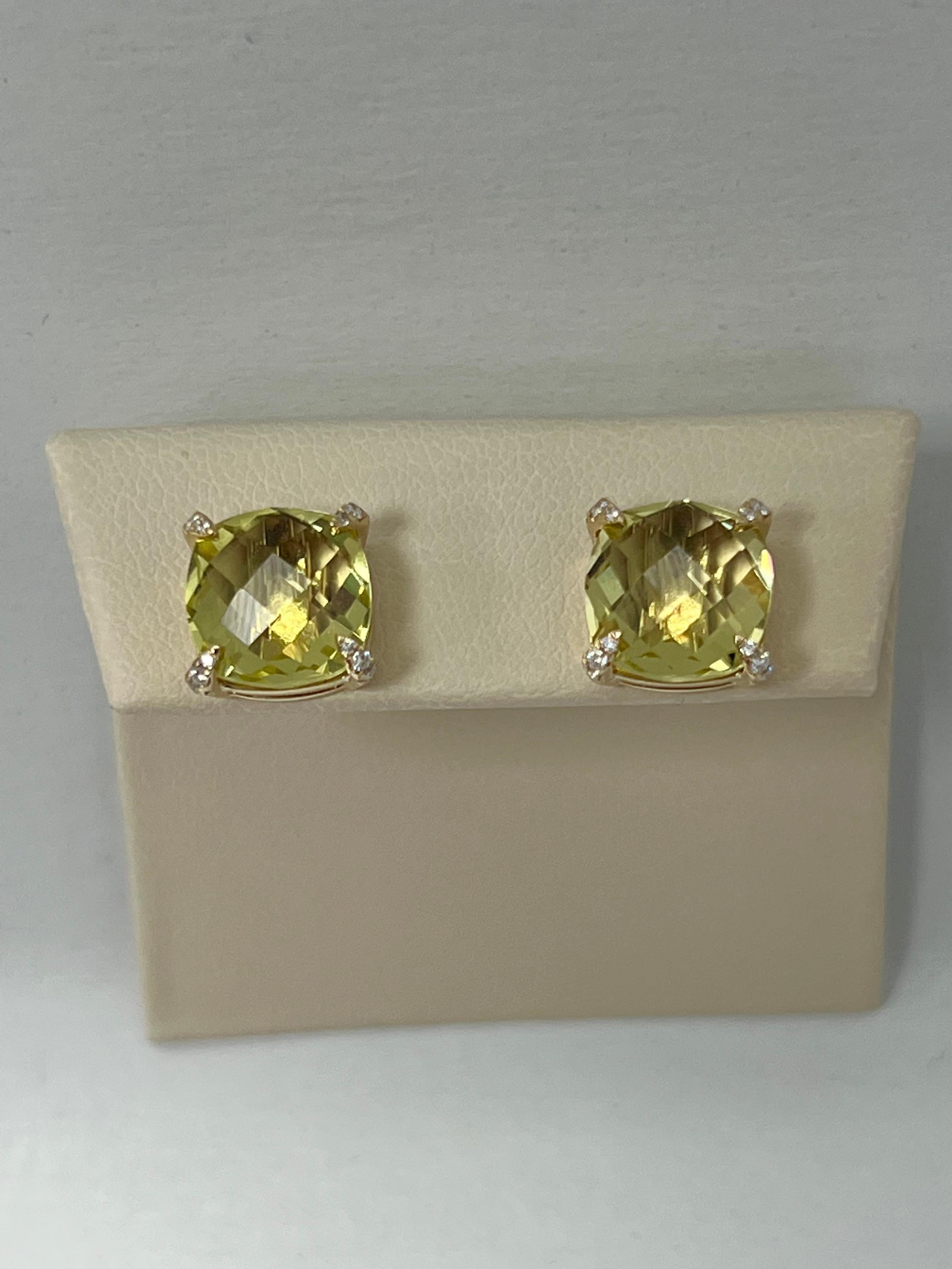 Cushion Cut Gold Green Quartz Diamond Studs For Sale