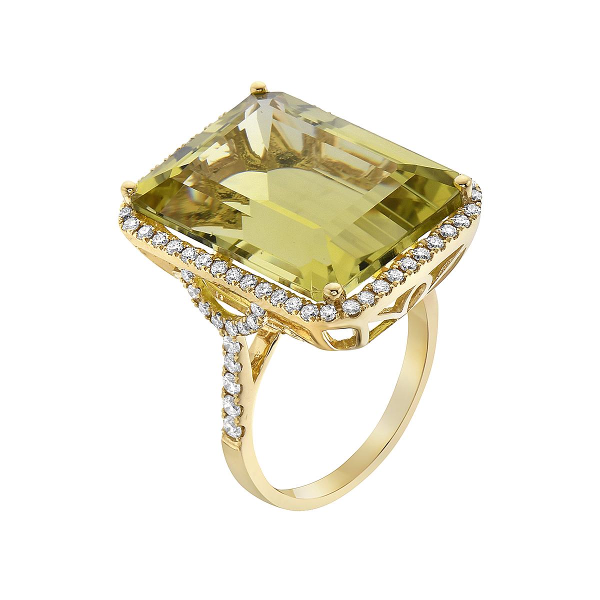 With this exquisite semi-precious gold green quartz ring , style and glamour are in the spotlight. This 14-karat emerald cut ring is made from 5.7  grams of gold, 1 green quartz totaling 21.46 karats, and is surrounded by 76 round SI1-SI2, GH color
