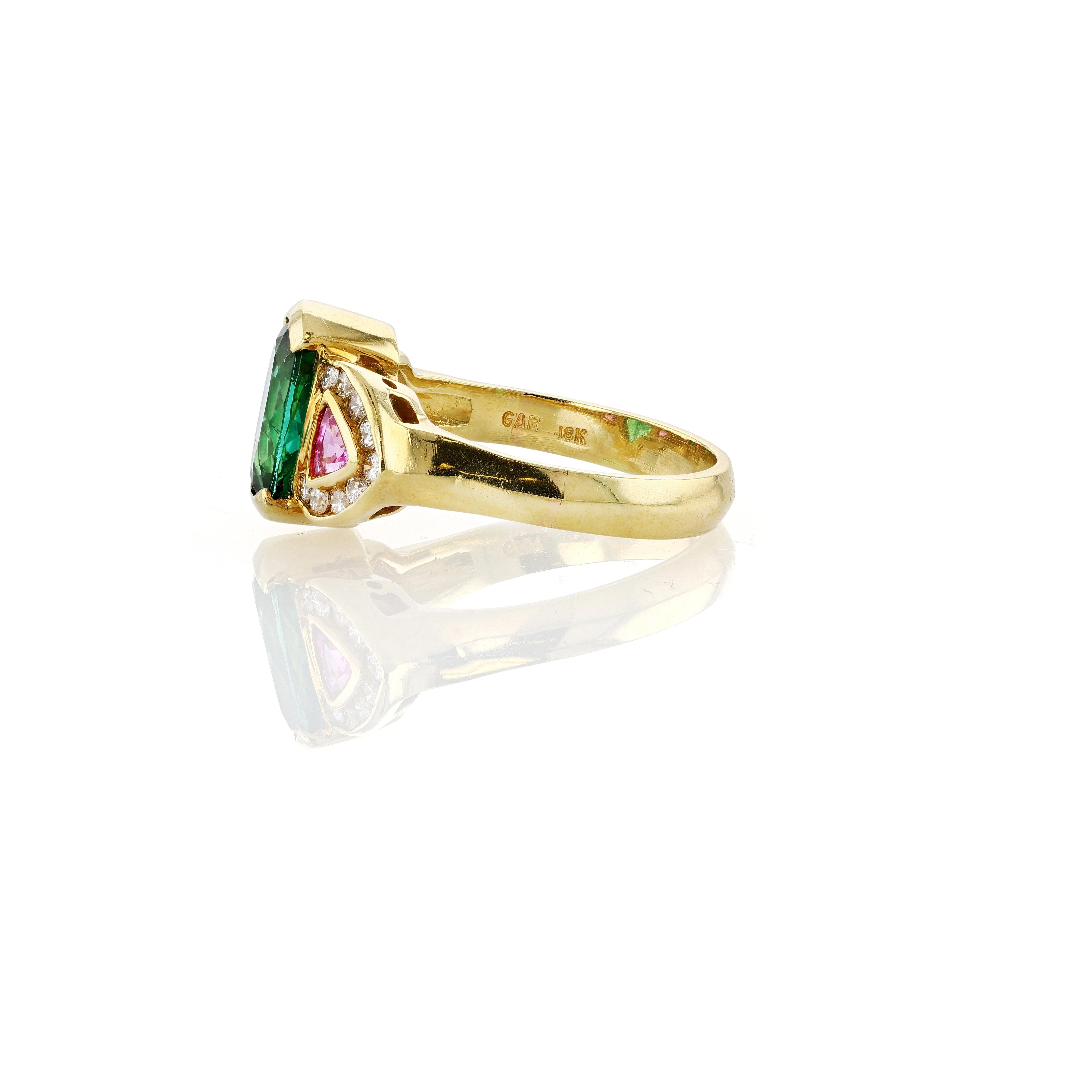 Round Cut Gold, Green Tourmaline, Pink Sapphire, and Diamond Ring For Sale