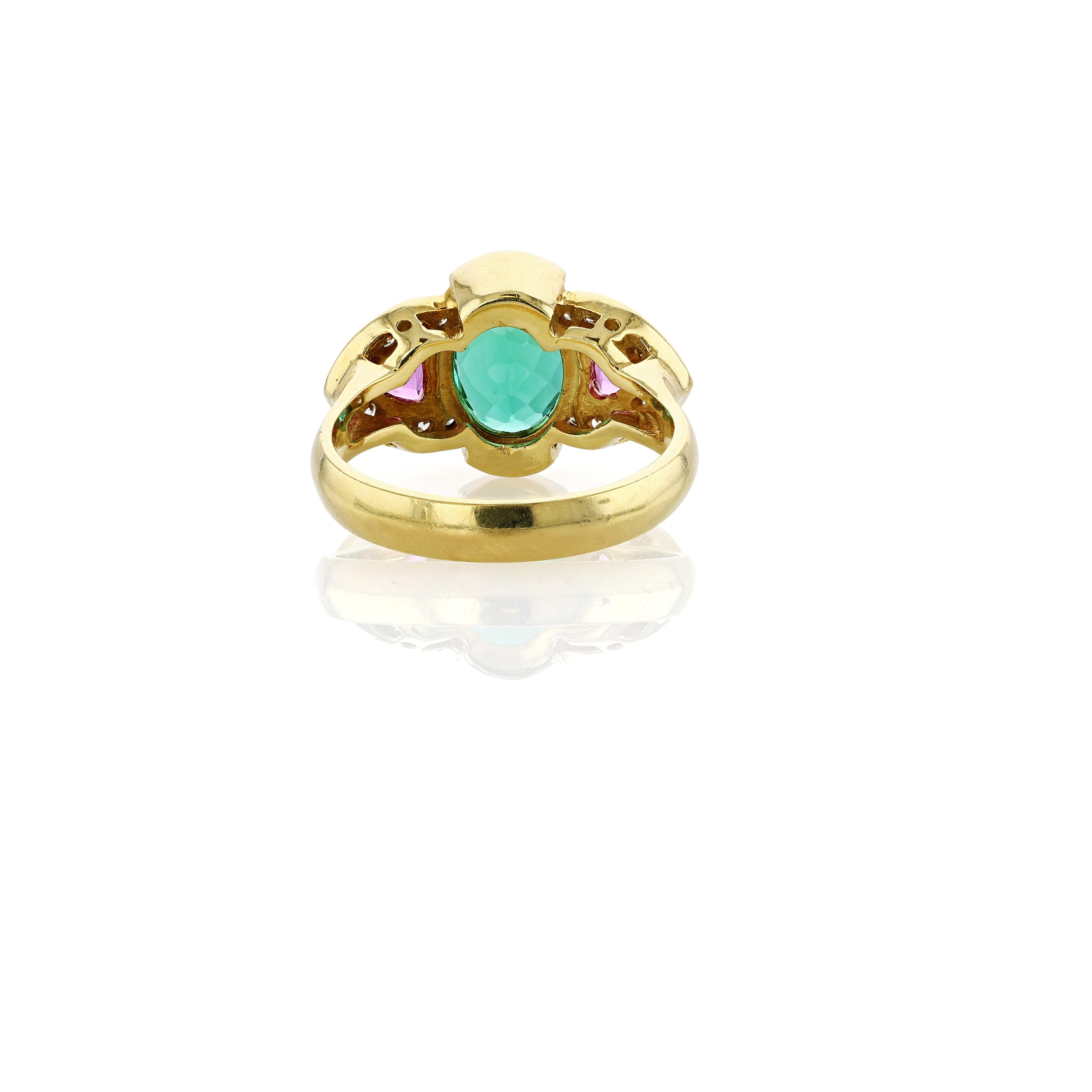 Gold, Green Tourmaline, Pink Sapphire, and Diamond Ring In Good Condition For Sale In Princeton, NJ