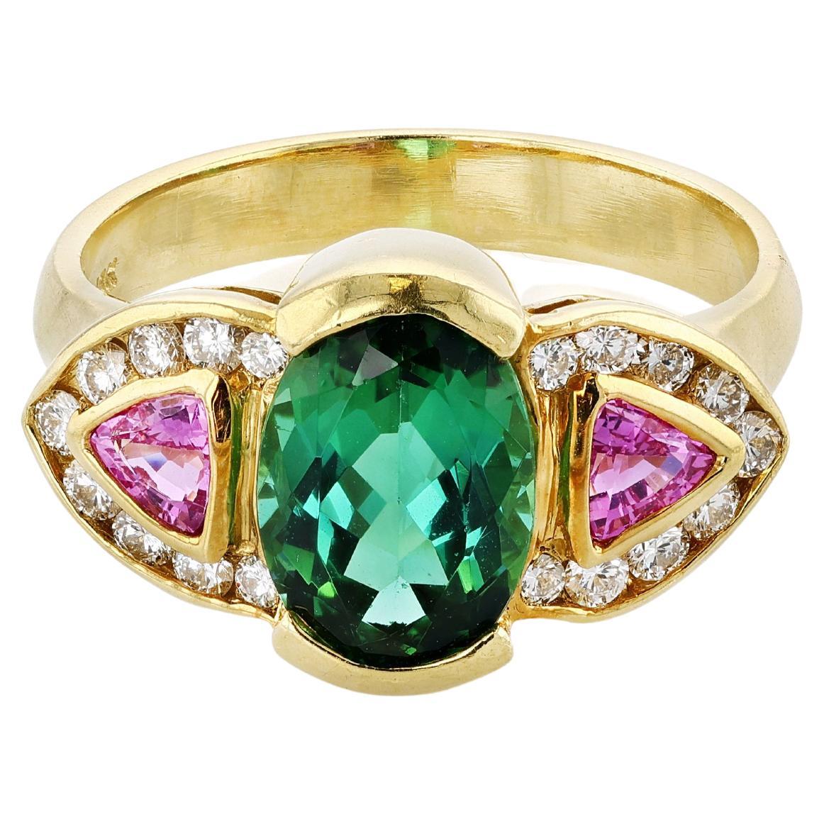 Gold, Green Tourmaline, Pink Sapphire, and Diamond Ring For Sale