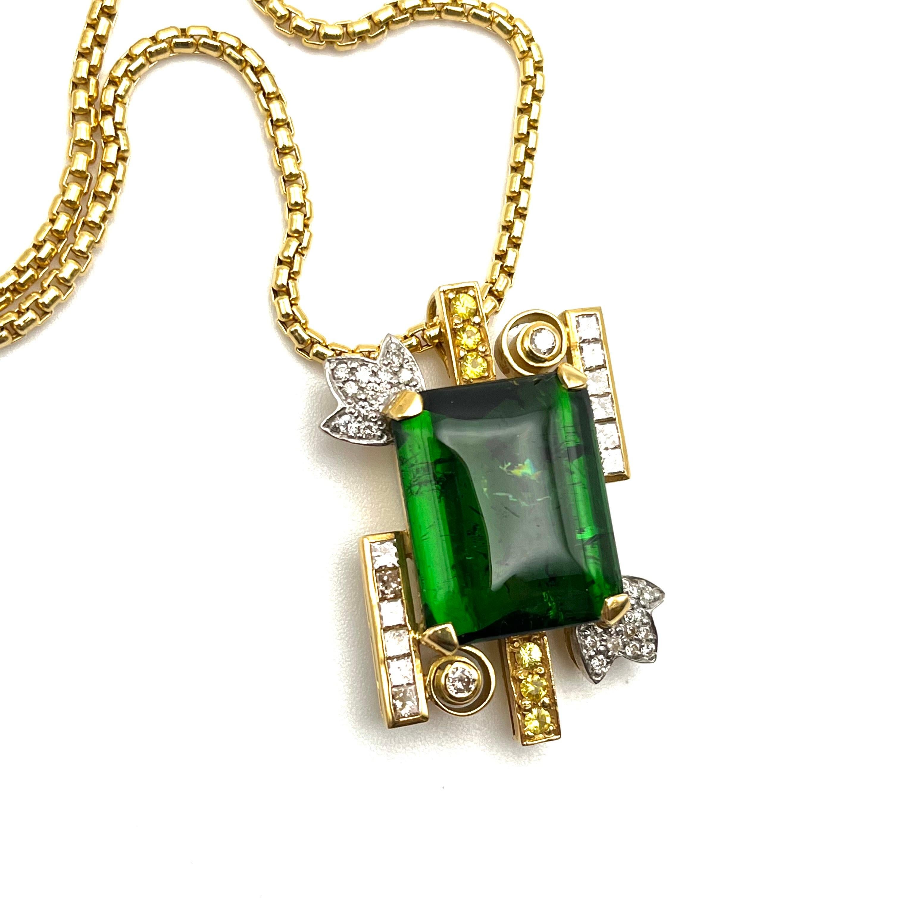 Retro Gold Green Tourmaline, Yellow Sapphire, & Diamond Necklace