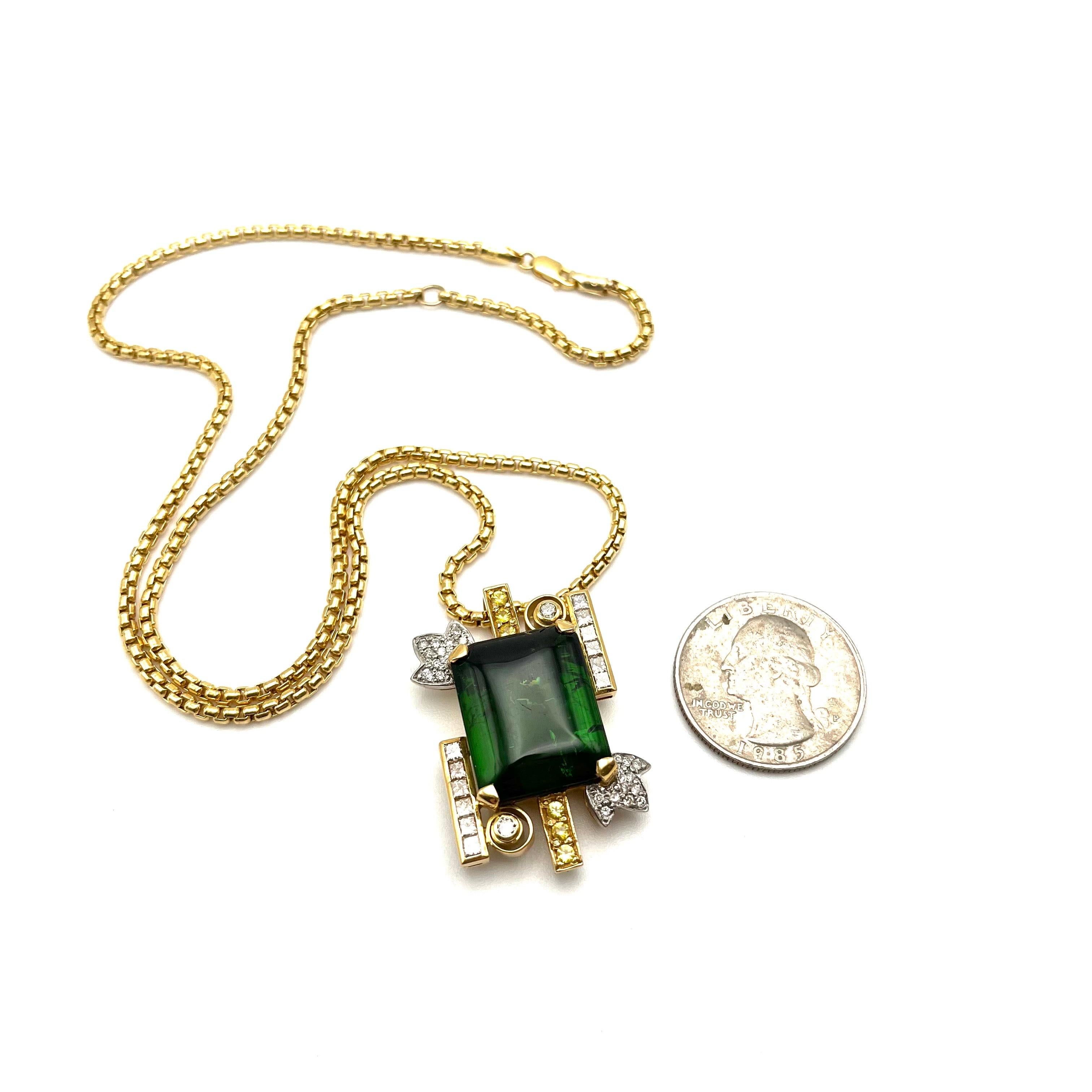 Cabochon Gold Green Tourmaline, Yellow Sapphire, & Diamond Necklace