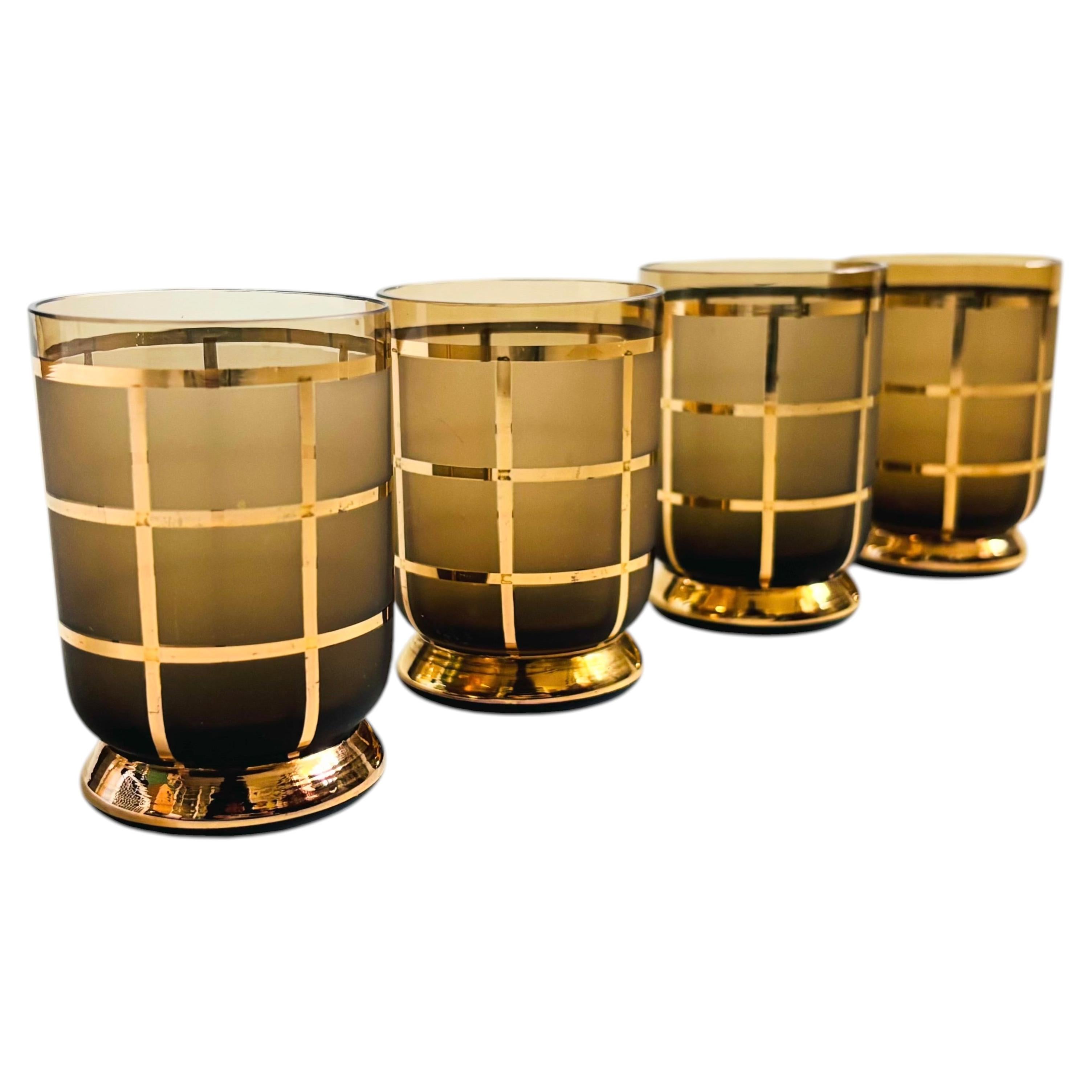 Gold Gridded Smoke Glass Cordials - Set of 4 For Sale