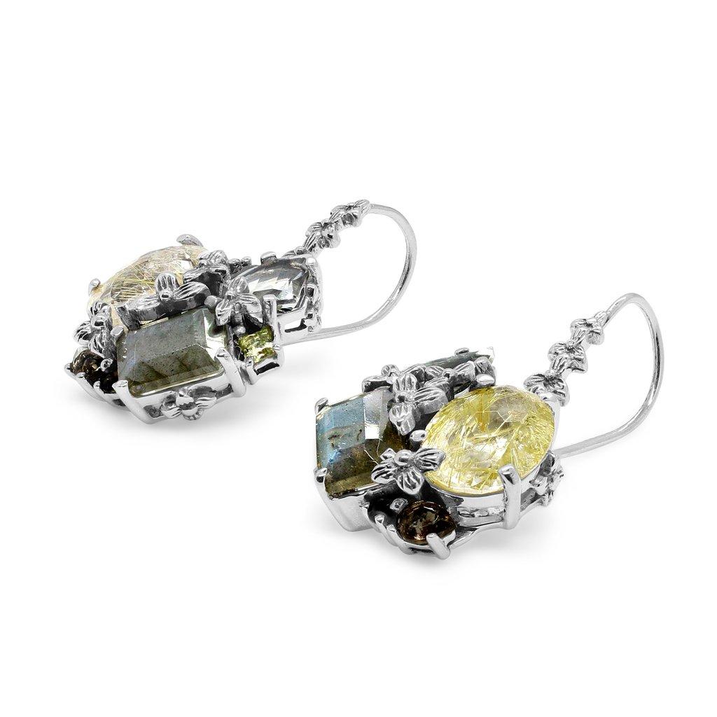 Gold Hair Rudilated Quartz, Green Labrodite, Green Amy, Peridot, Chrom Dioxside, Pale Smoky Qtz Earrings in Sterling Silver
