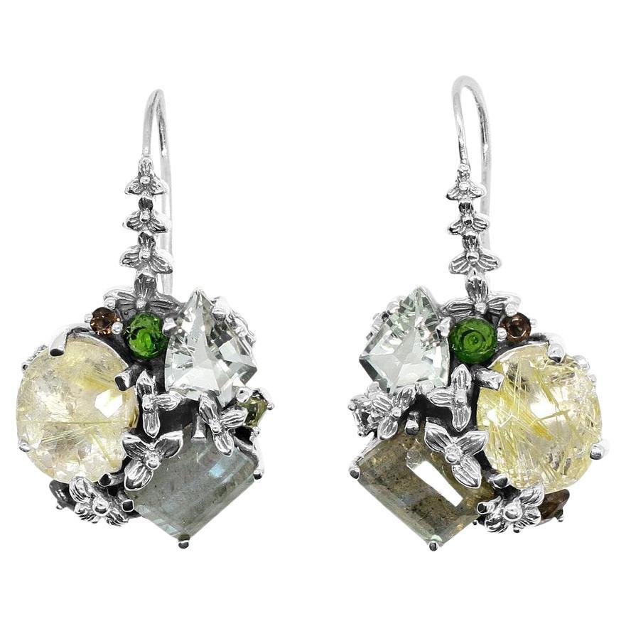 Gold Hair Rudilated Quartz, Labrodite, Amy, Peridot Earrings in Sterling Silver For Sale