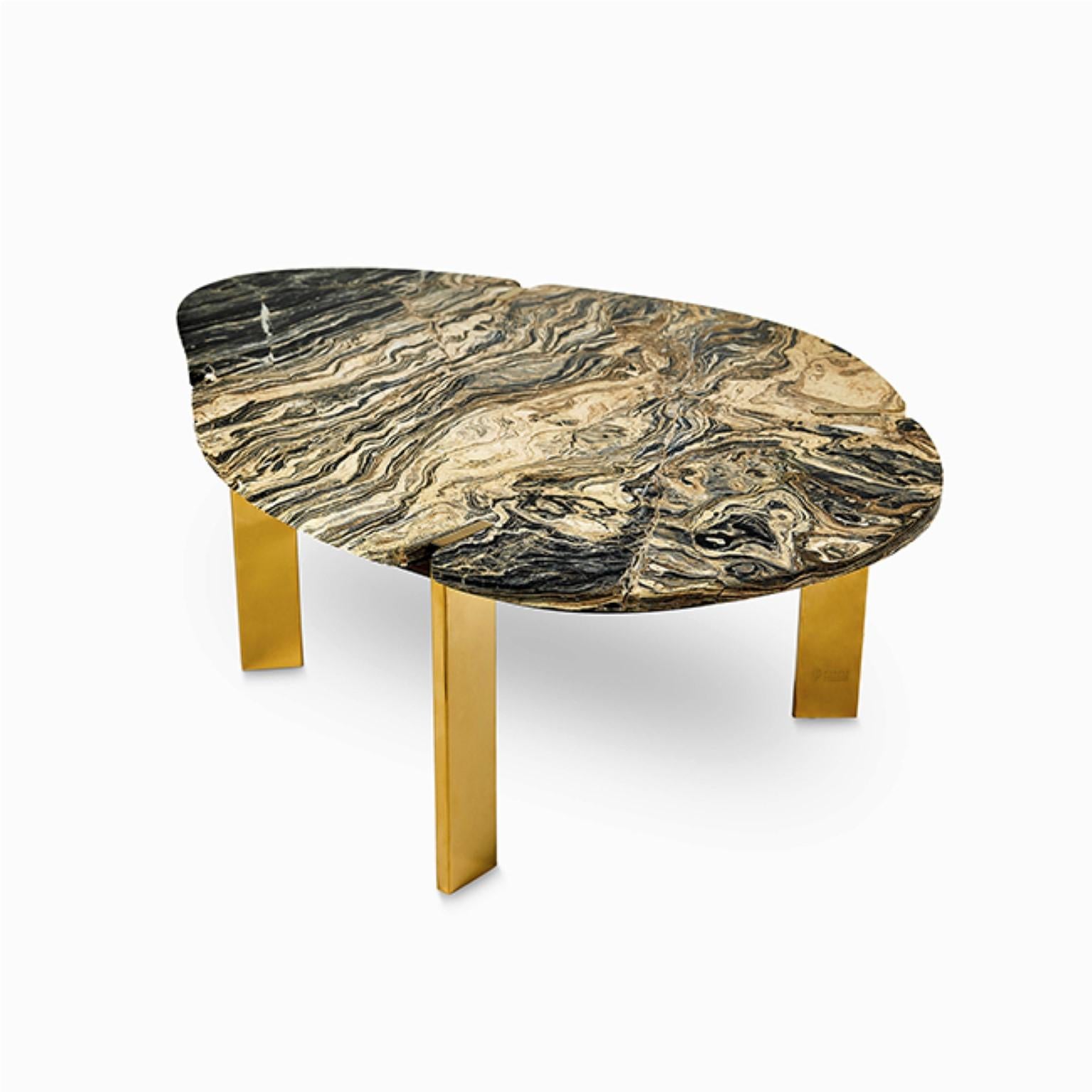 Gold Halys coffee table by Marble Balloon.
Dimensions: W 130 x D 88 x H 39.5 cm.
Materials: Steel, Marble

Taking its form from the famous Halys River, it consists of carrier legs made of titanium coating on stainless
metal and a marble