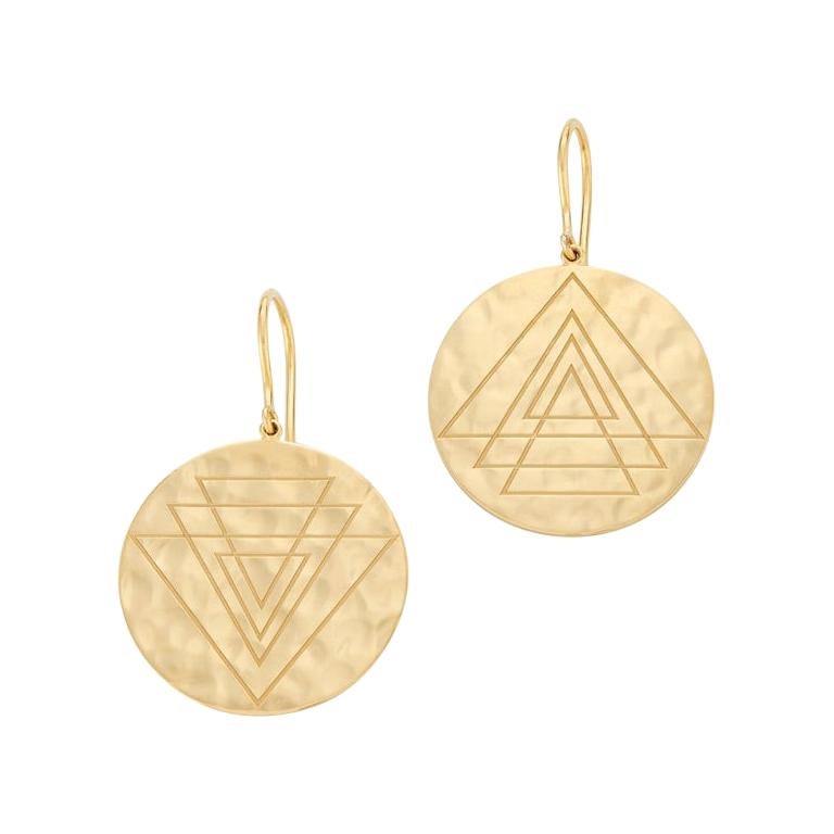 Gold Hammered Disc Earrings with Engravings from ARK Fine Jewlelry For Sale