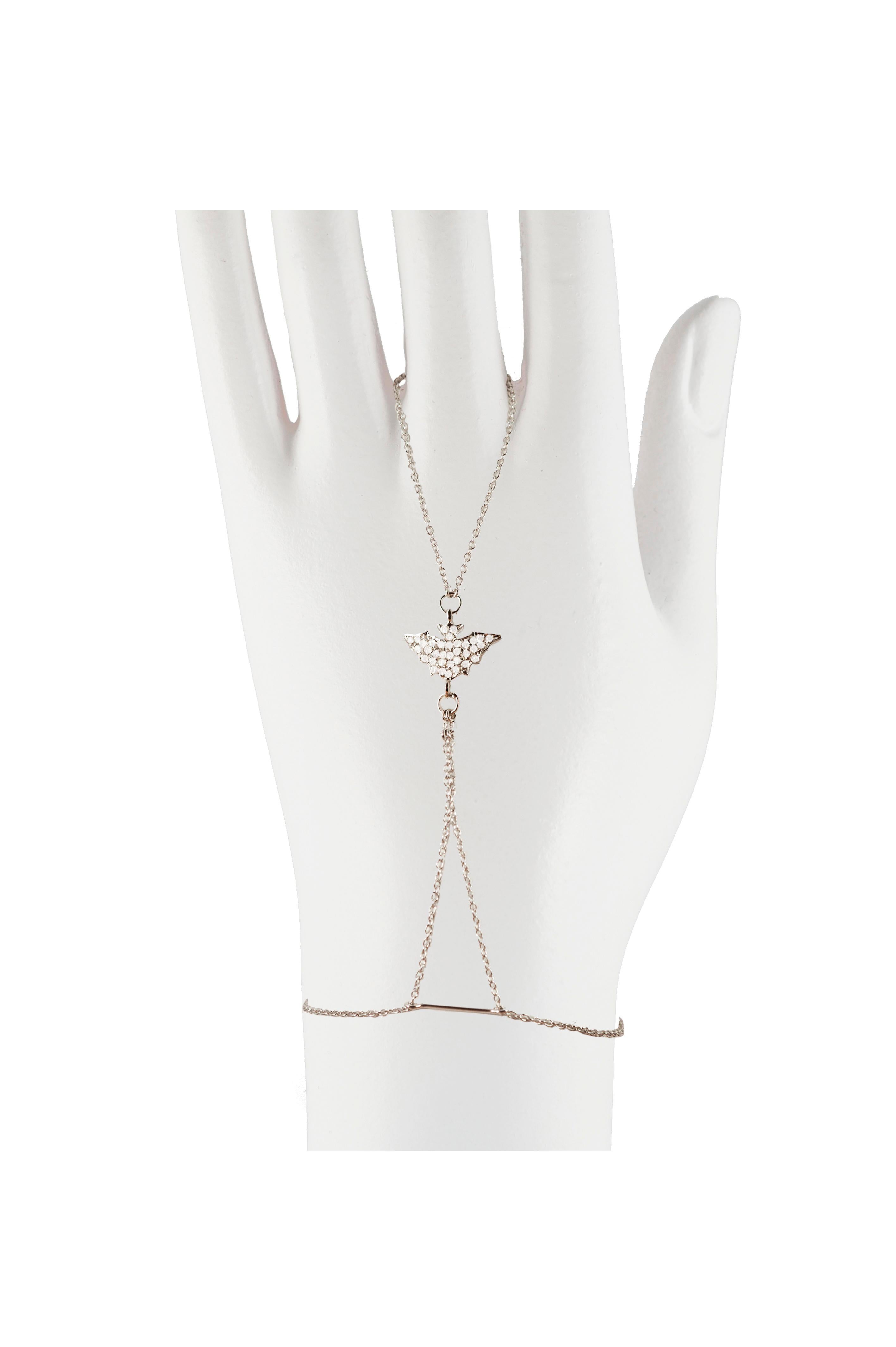 Contemporary Gold Hand Bracelet with Diamond Pavé Bat and Chains Bracelet For Sale
