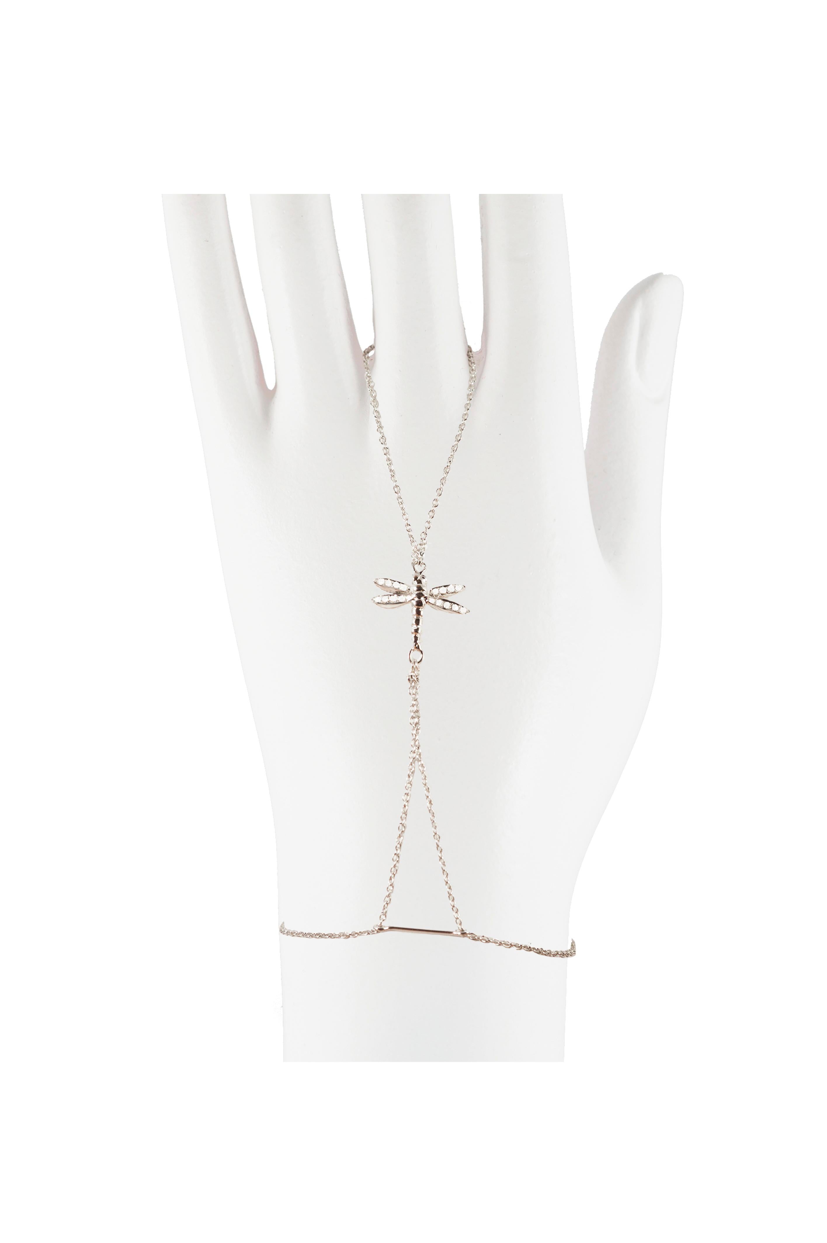 Contemporary Gold Hand Bracelet with Diamond Pavé Dragonfly and Chains For Sale
