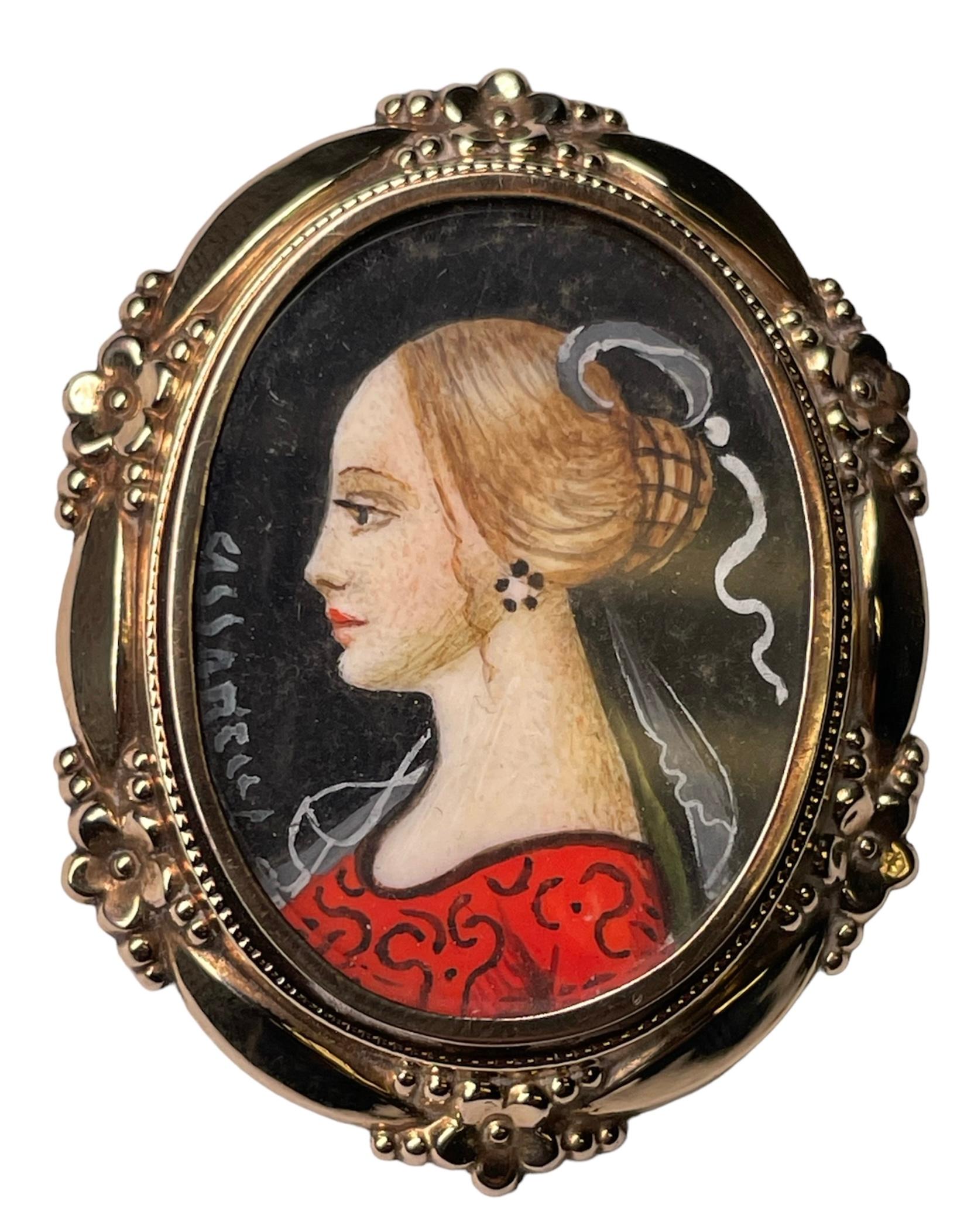 18 Kt Gold Hand Painted Miniature Lady Portrait Brooch For Sale 5
