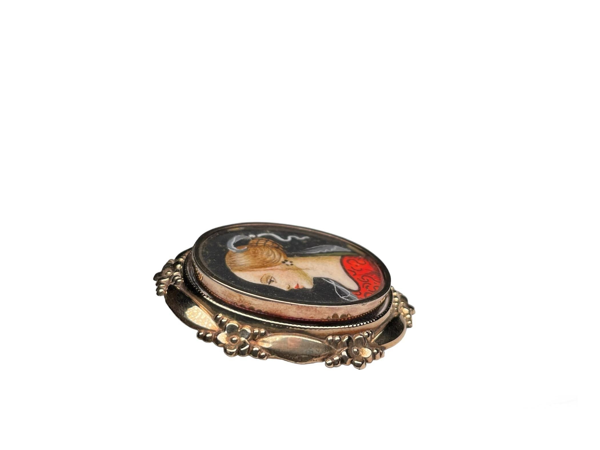 Baroque 18 Kt Gold Hand Painted Miniature Lady Portrait Brooch For Sale