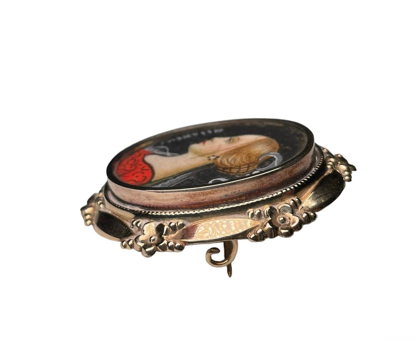 Women's or Men's 18 Kt Gold Hand Painted Miniature Lady Portrait Brooch For Sale
